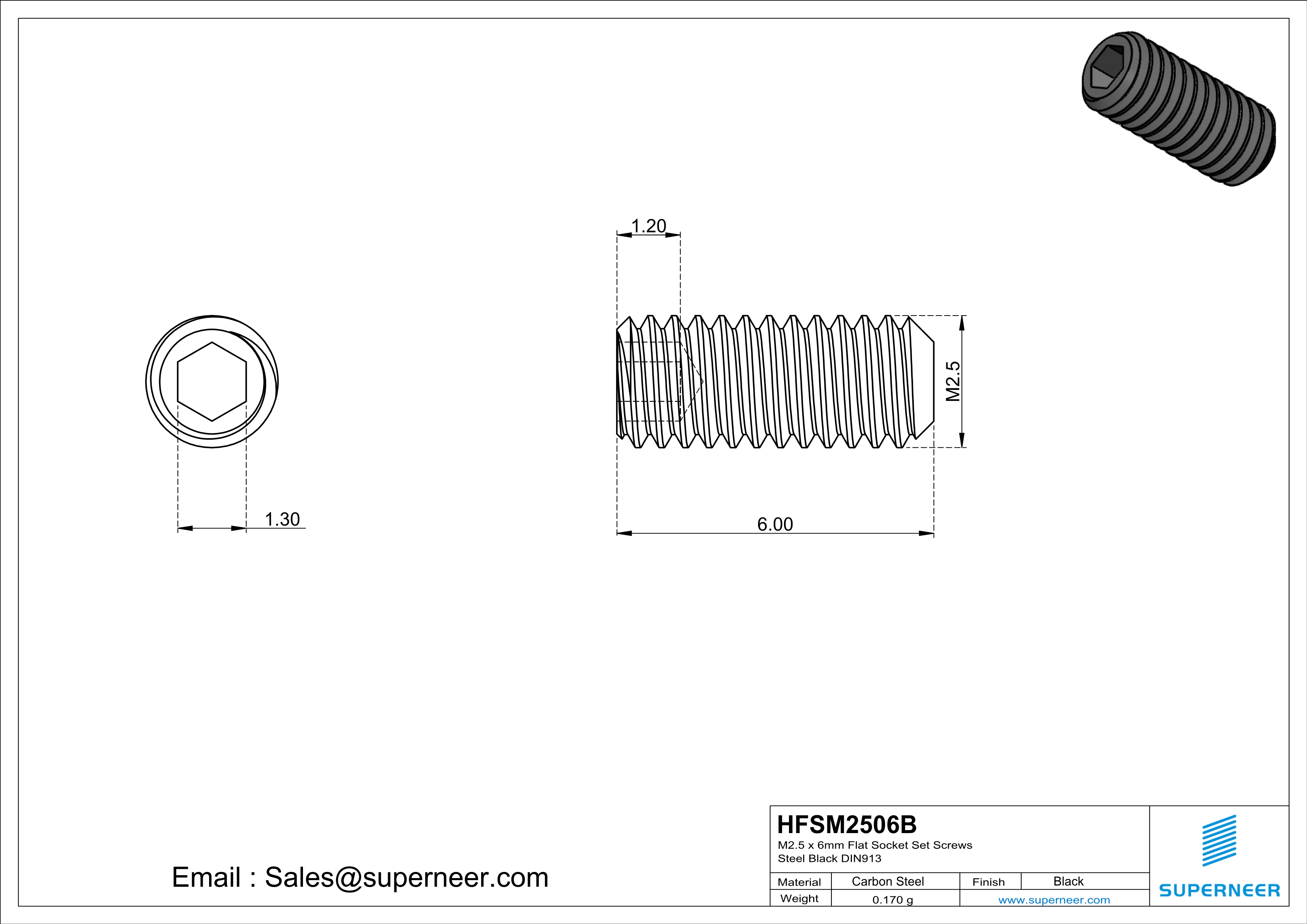 M2.5 x 6mm Flat Socket Set Screws Steel Black DIN913