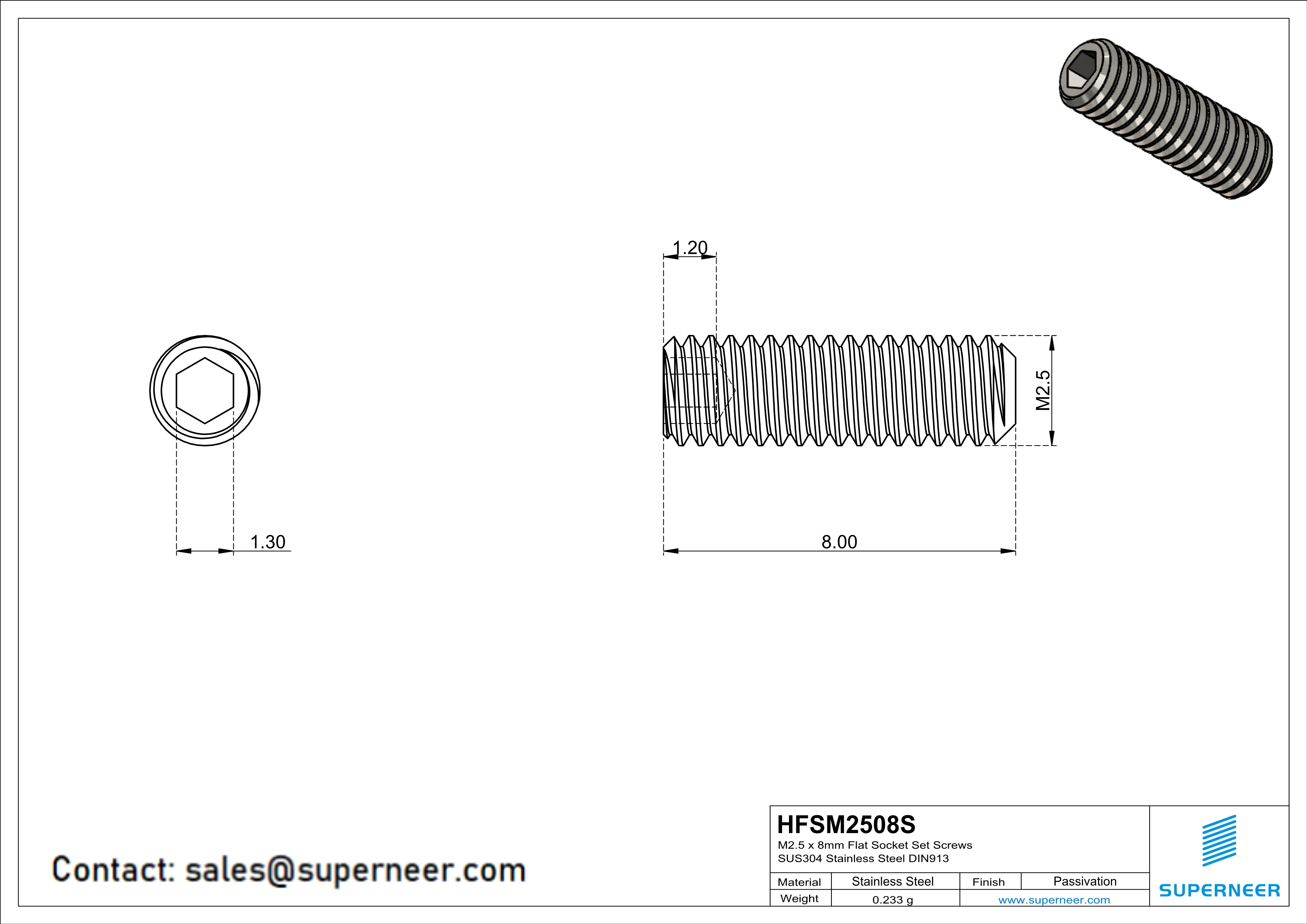 M2.5 x 8mm Flat Socket Set Screws SUS304 Stainless Steel Inox DIN913