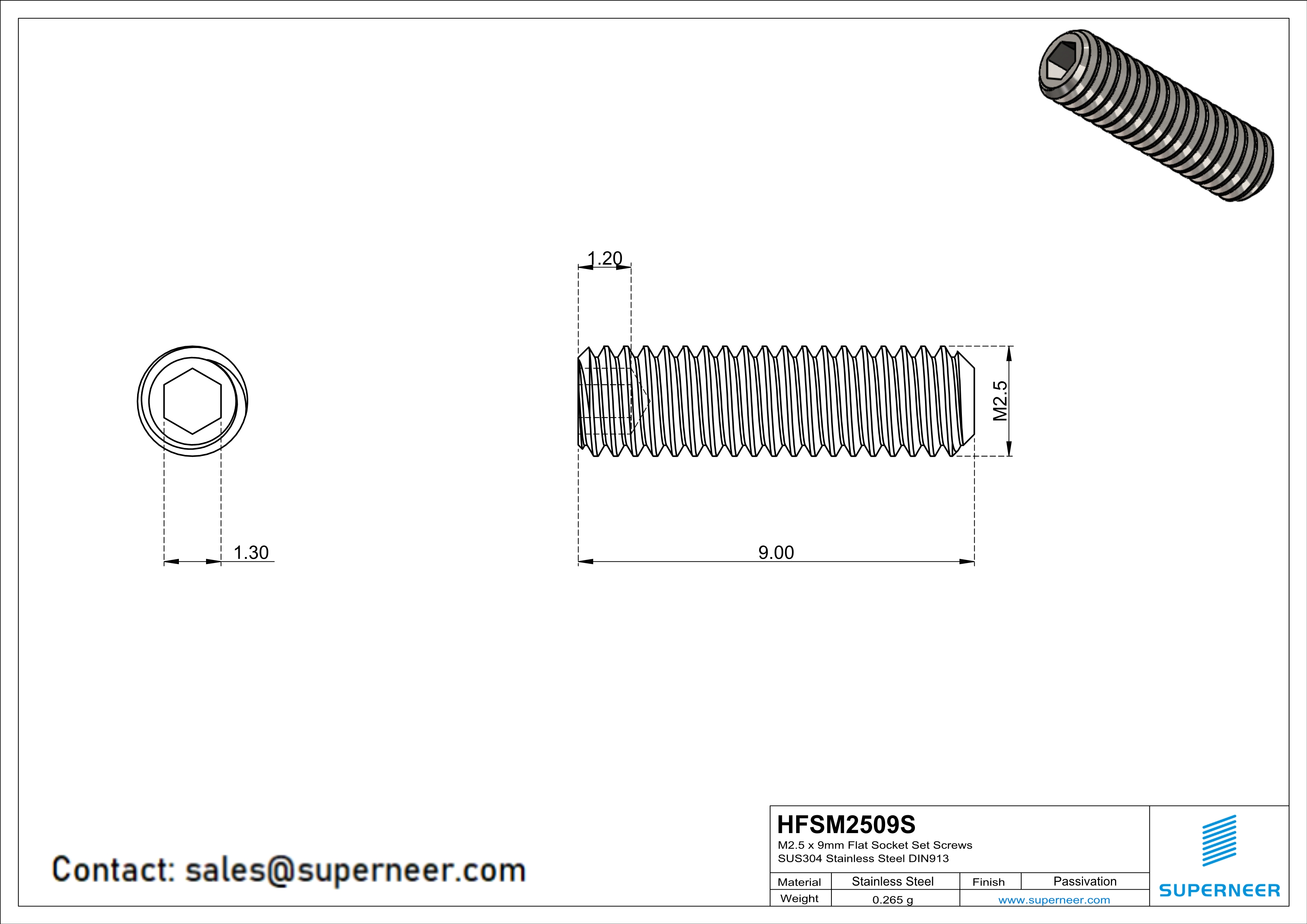 M2.5 x 9mm Flat Socket Set Screws SUS304 Stainless Steel Inox DIN913