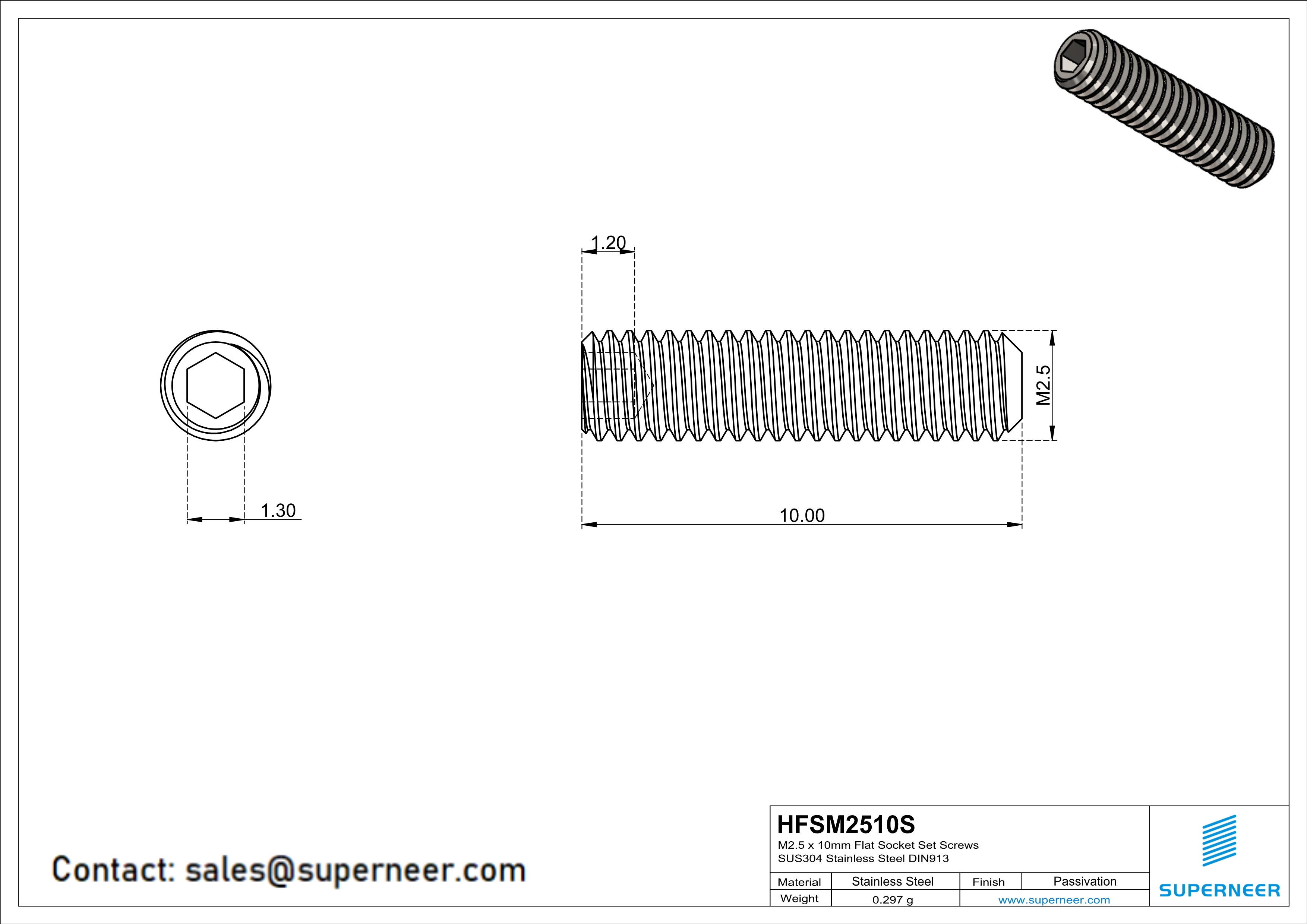 M2.5 x 10mm Flat Socket Set Screws SUS304 Stainless Steel Inox DIN913