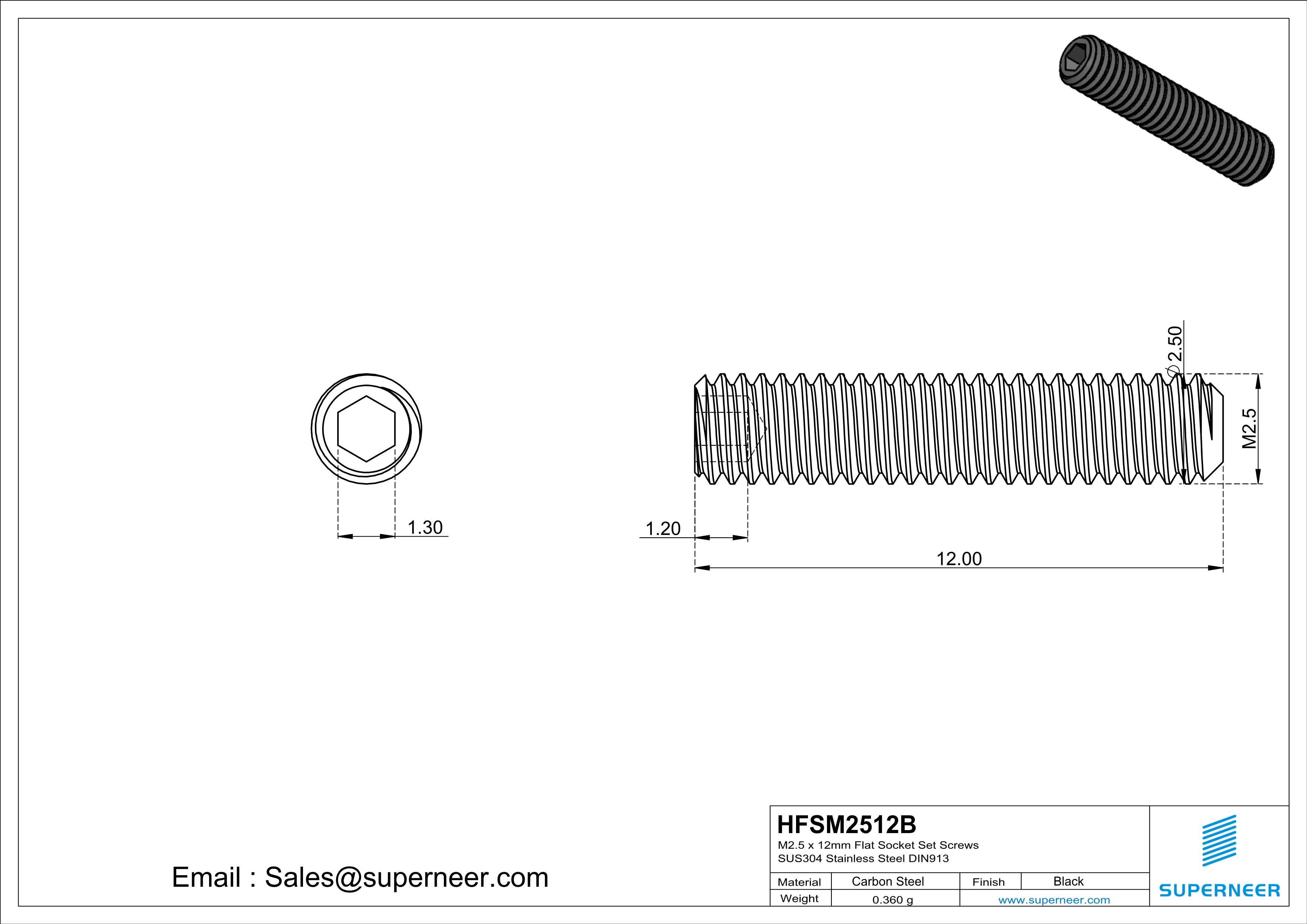 M2.5 x 12mm Flat Socket Set Screws Steel Black DIN913