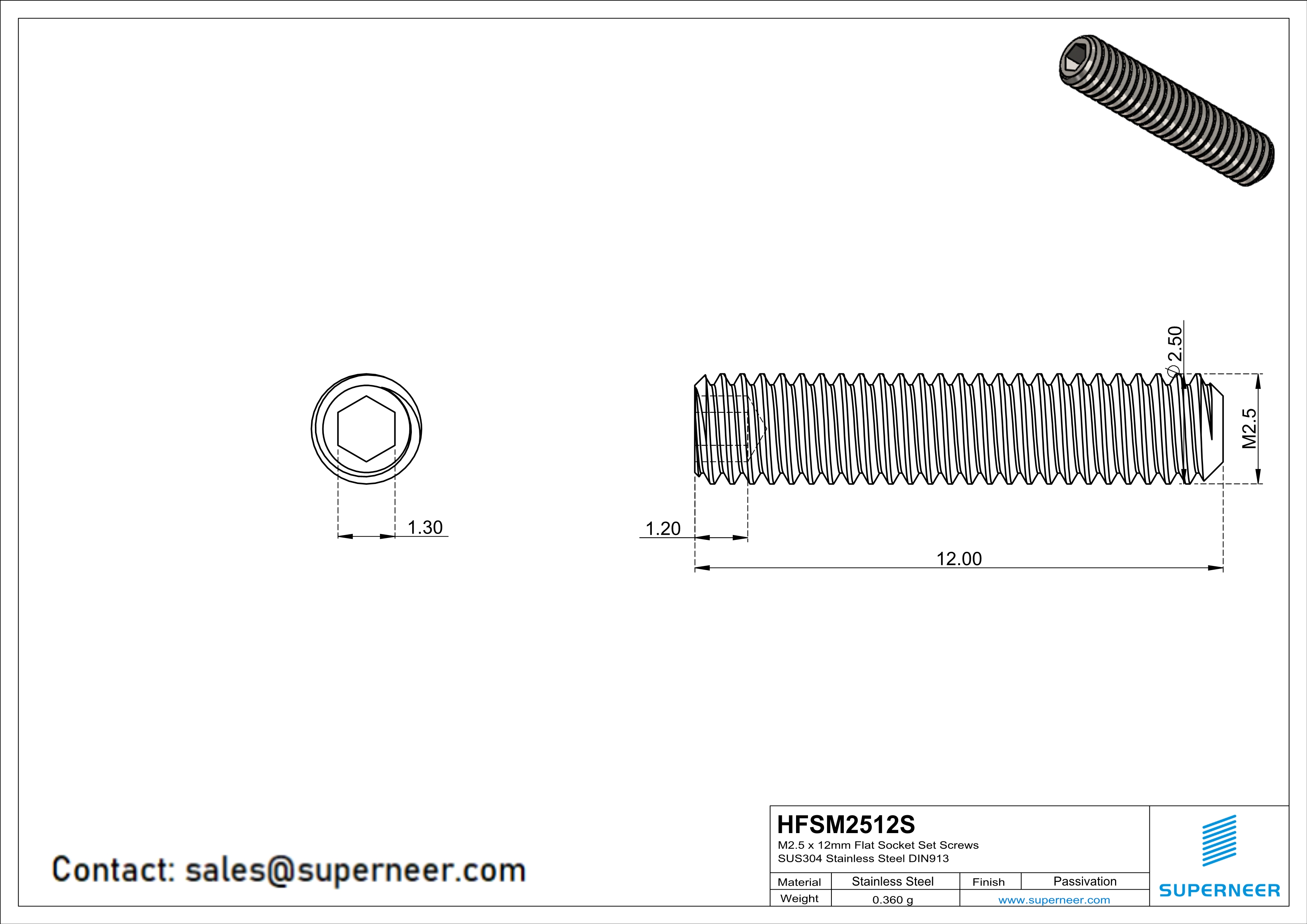 M2.5 x 12mm Flat Socket Set Screws SUS304 Stainless Steel Inox DIN913