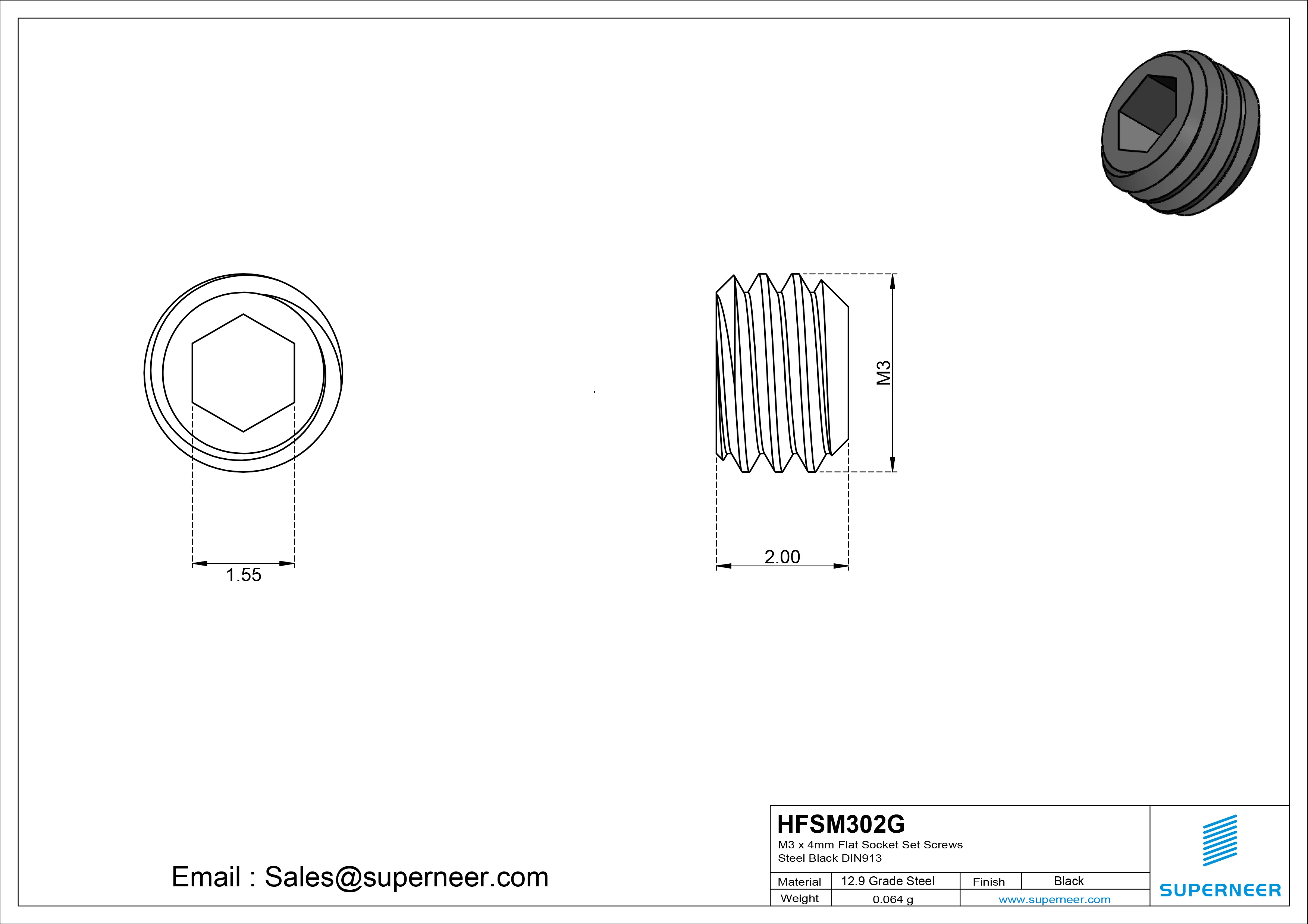 M3 X 2mm 12.9 Grade Steel Black Flat Socket Screw