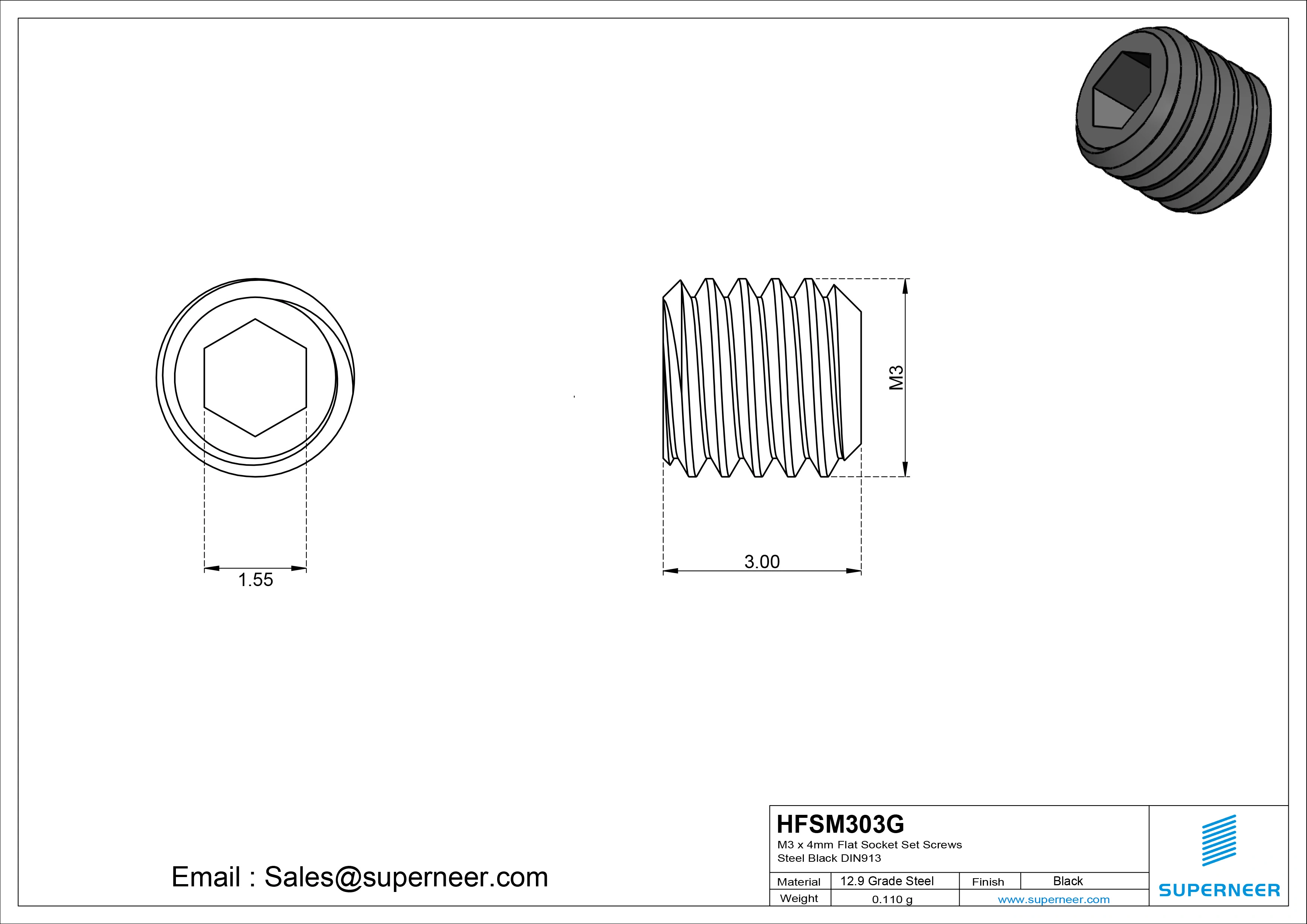 M3 X 3mm 12.9 Grade Steel Black Flat Socket Screw