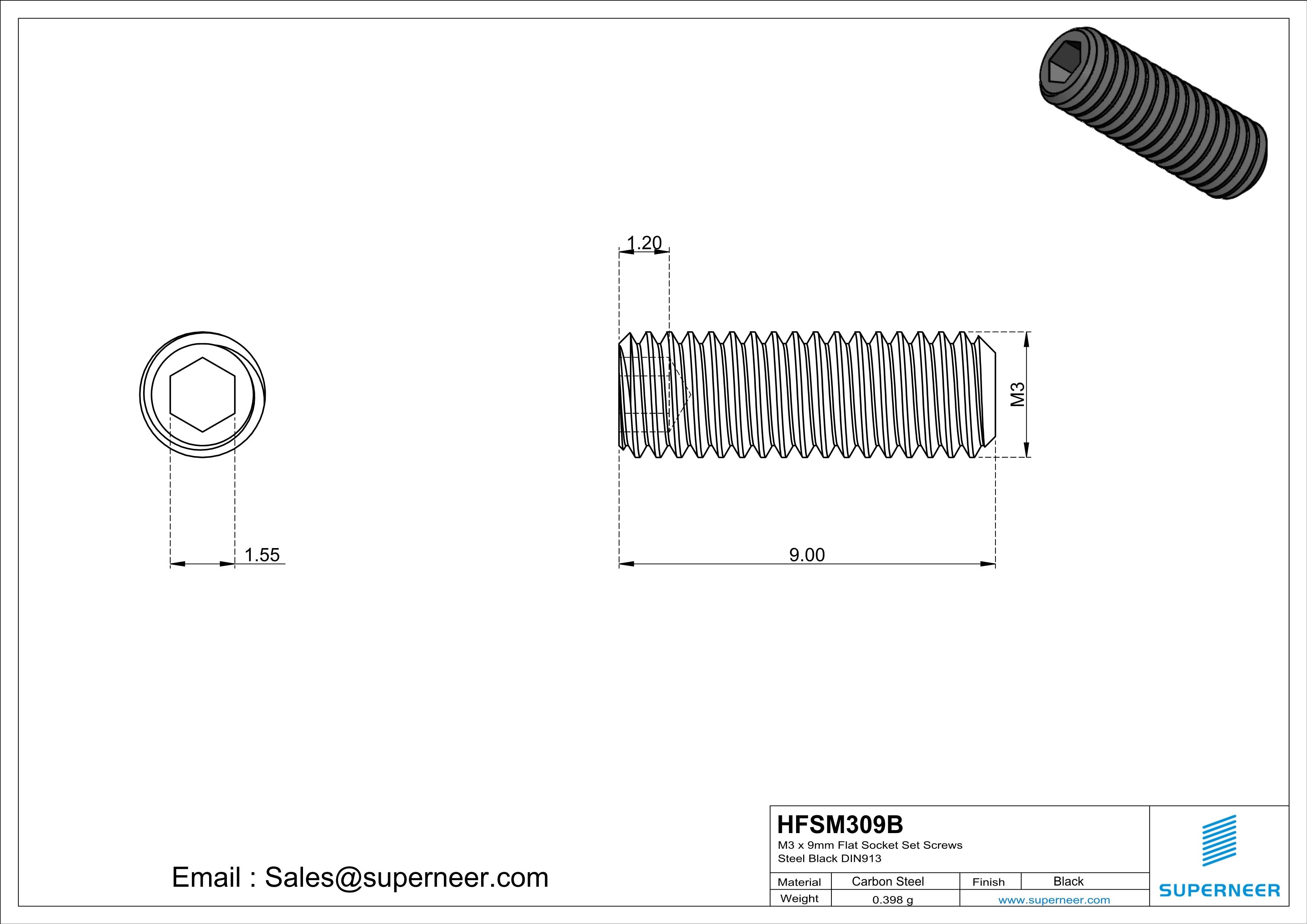 M3 x 9mm Flat Socket Set Screws Steel Black DIN913