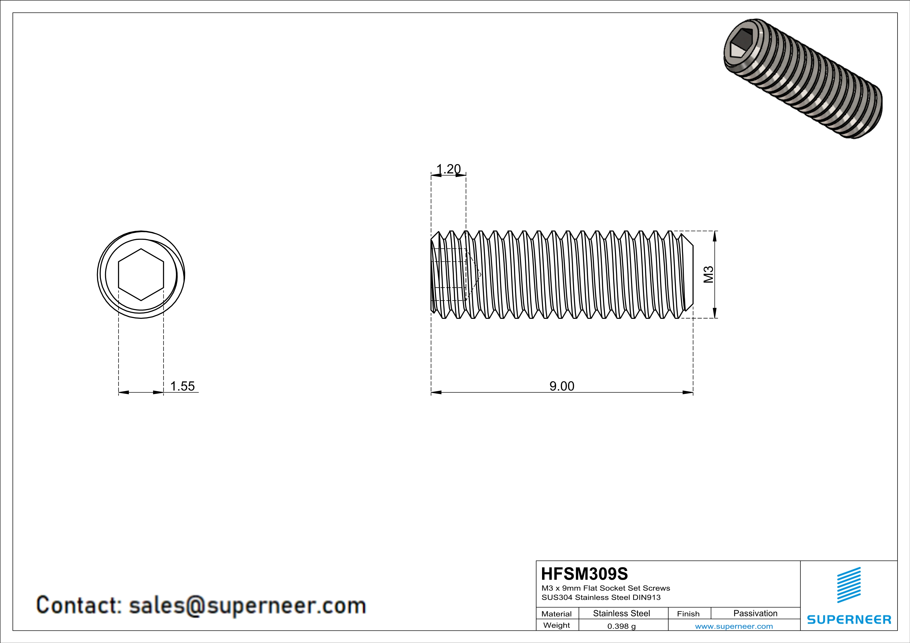 M3 x 9mm Flat Socket Set Screws SUS304 Stainless Steel Inox DIN913