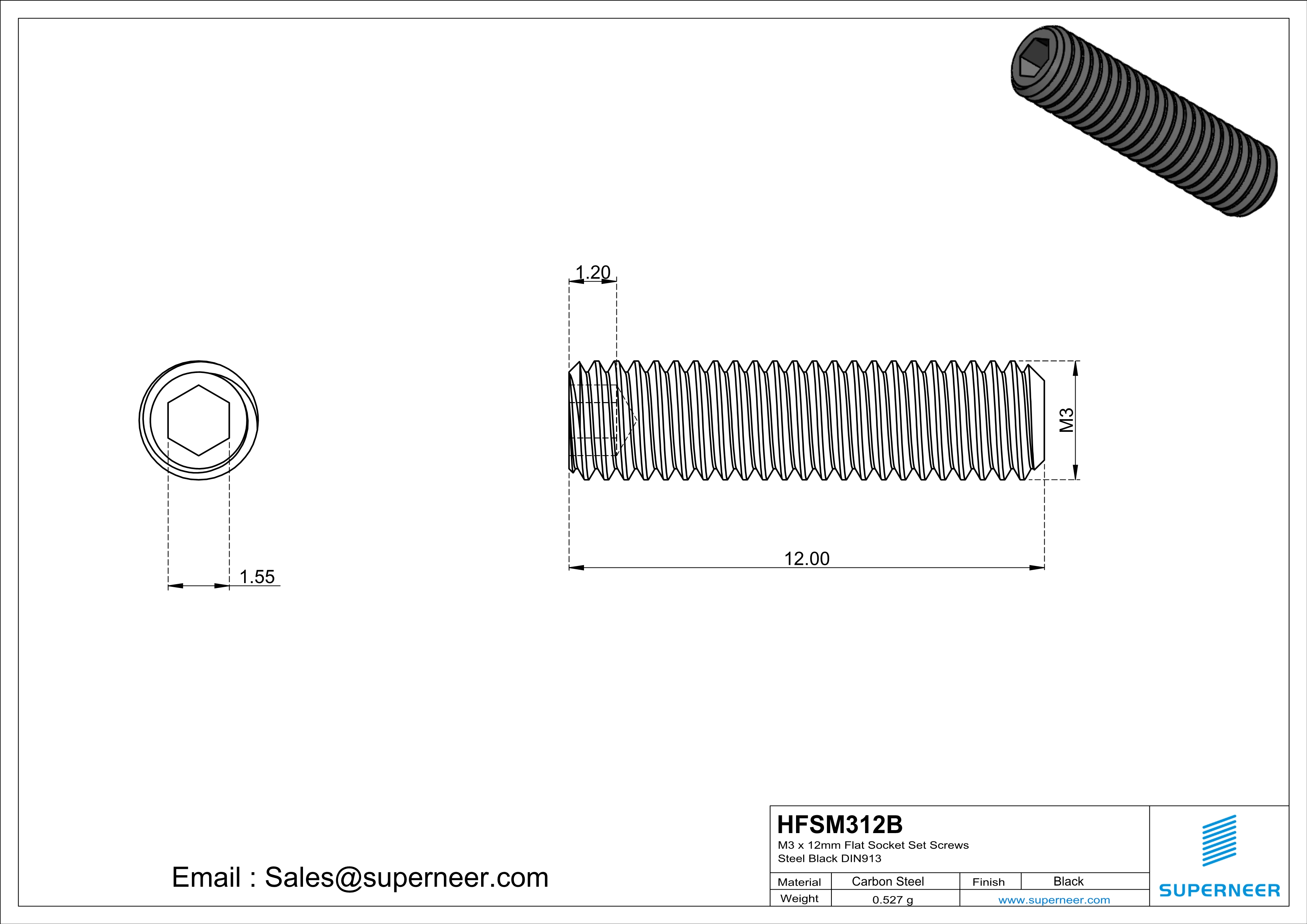 M3 x 12mm Flat Socket Set Screws Steel Black DIN913