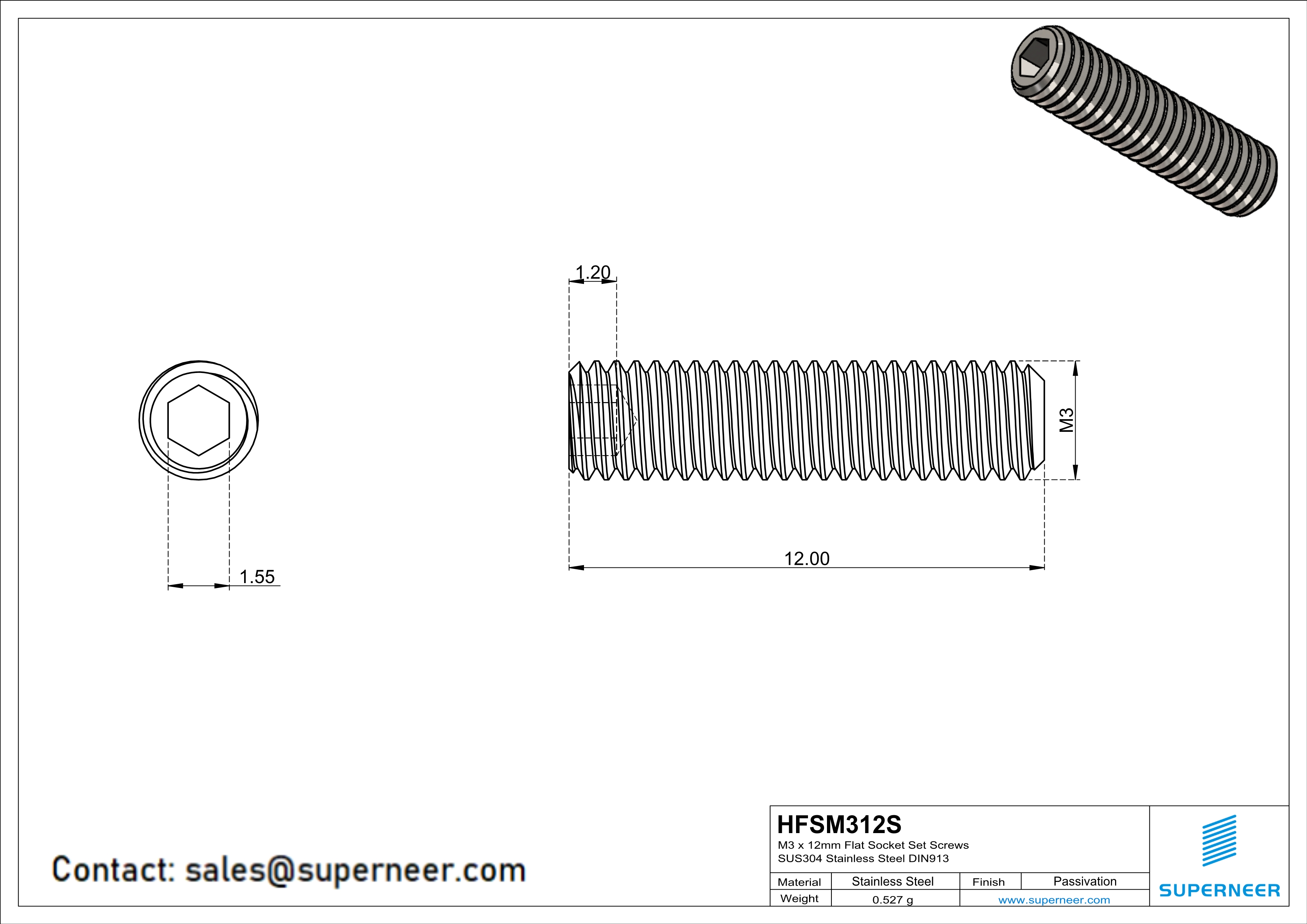 M3 x 12mm Flat Socket Set Screws SUS304 Stainless Steel Inox DIN913