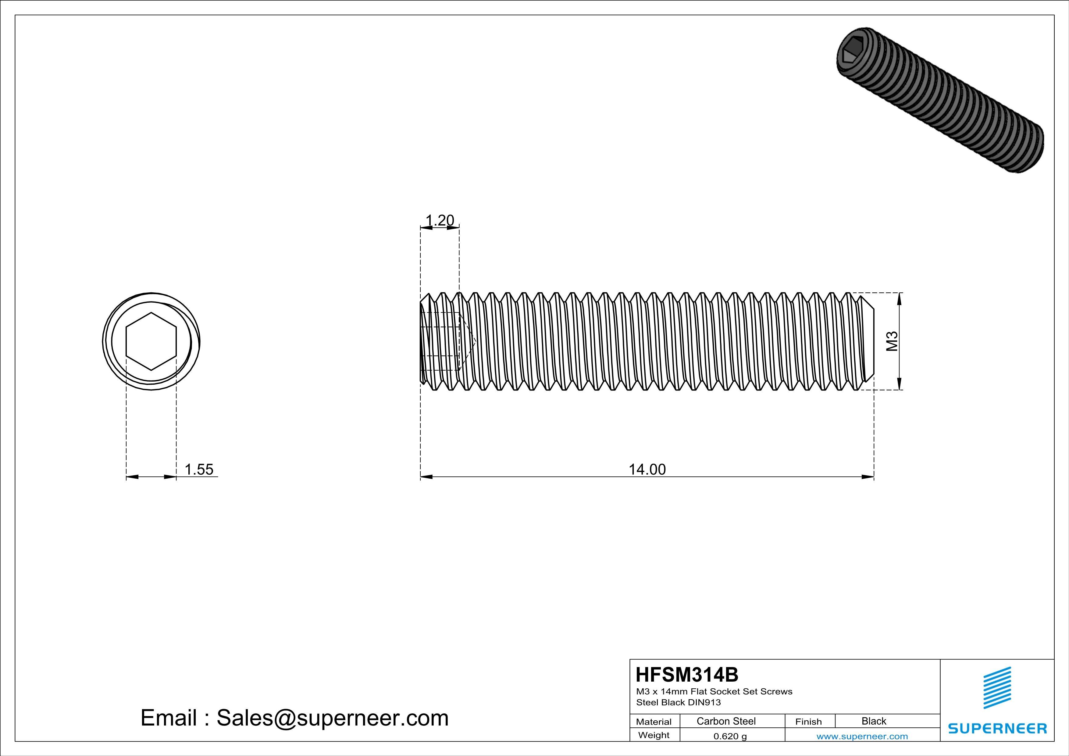 M3 x 14mm Flat Socket Set Screws Steel Black DIN913