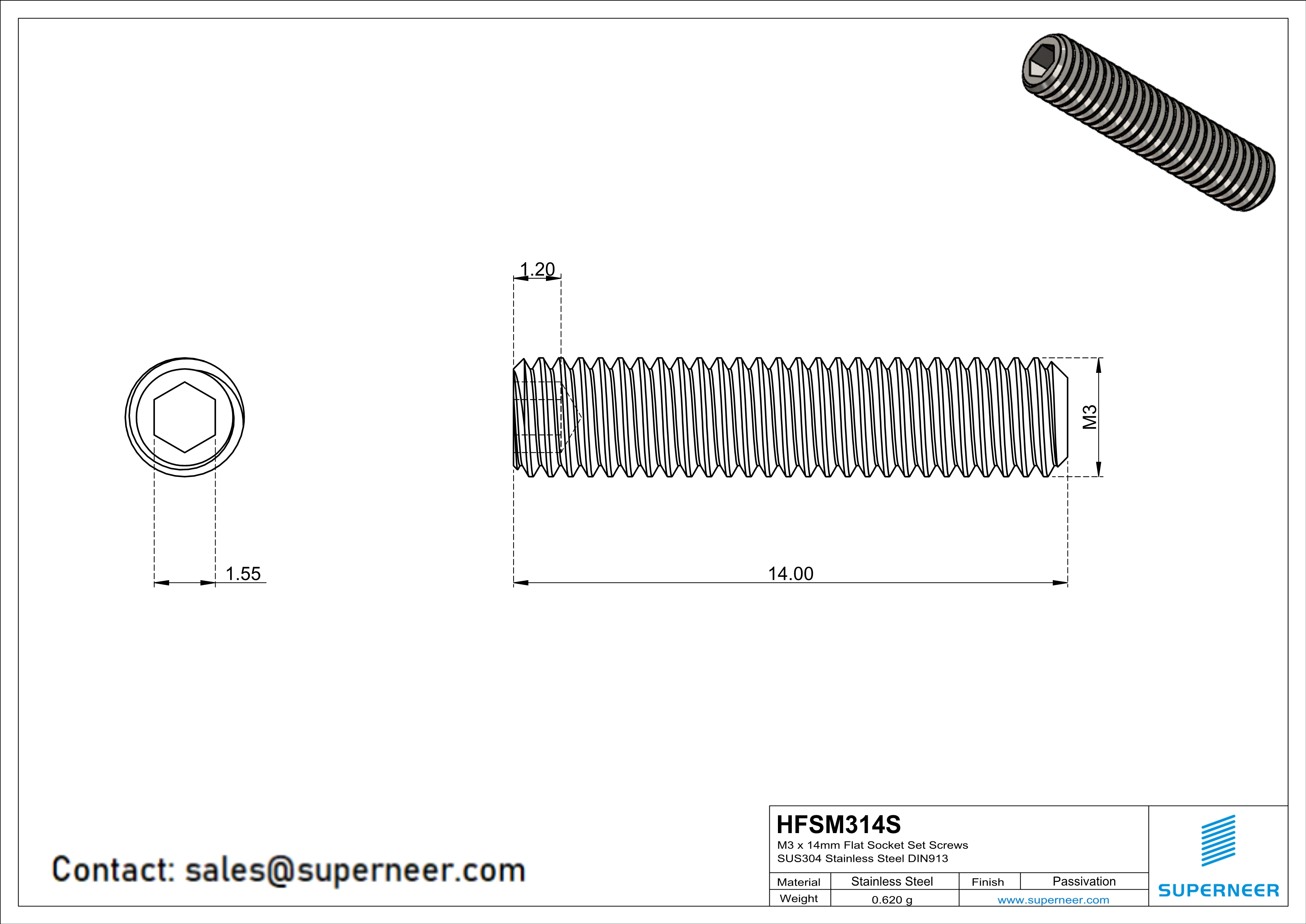 M3 x 14mm Flat Socket Set Screws SUS304 Stainless Steel Inox DIN913