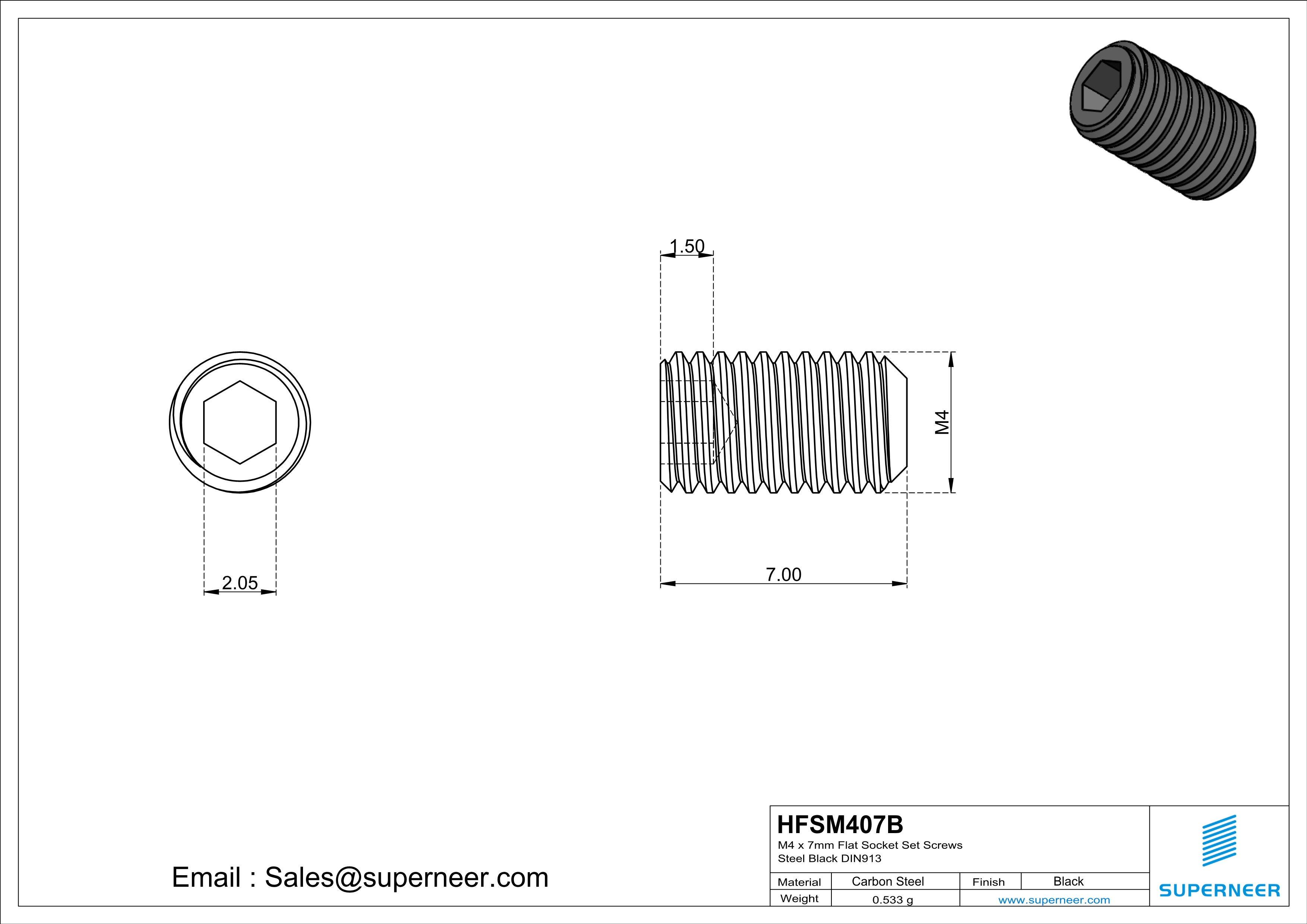 M4 x 7mm Flat Socket Set Screws Steel Black DIN913