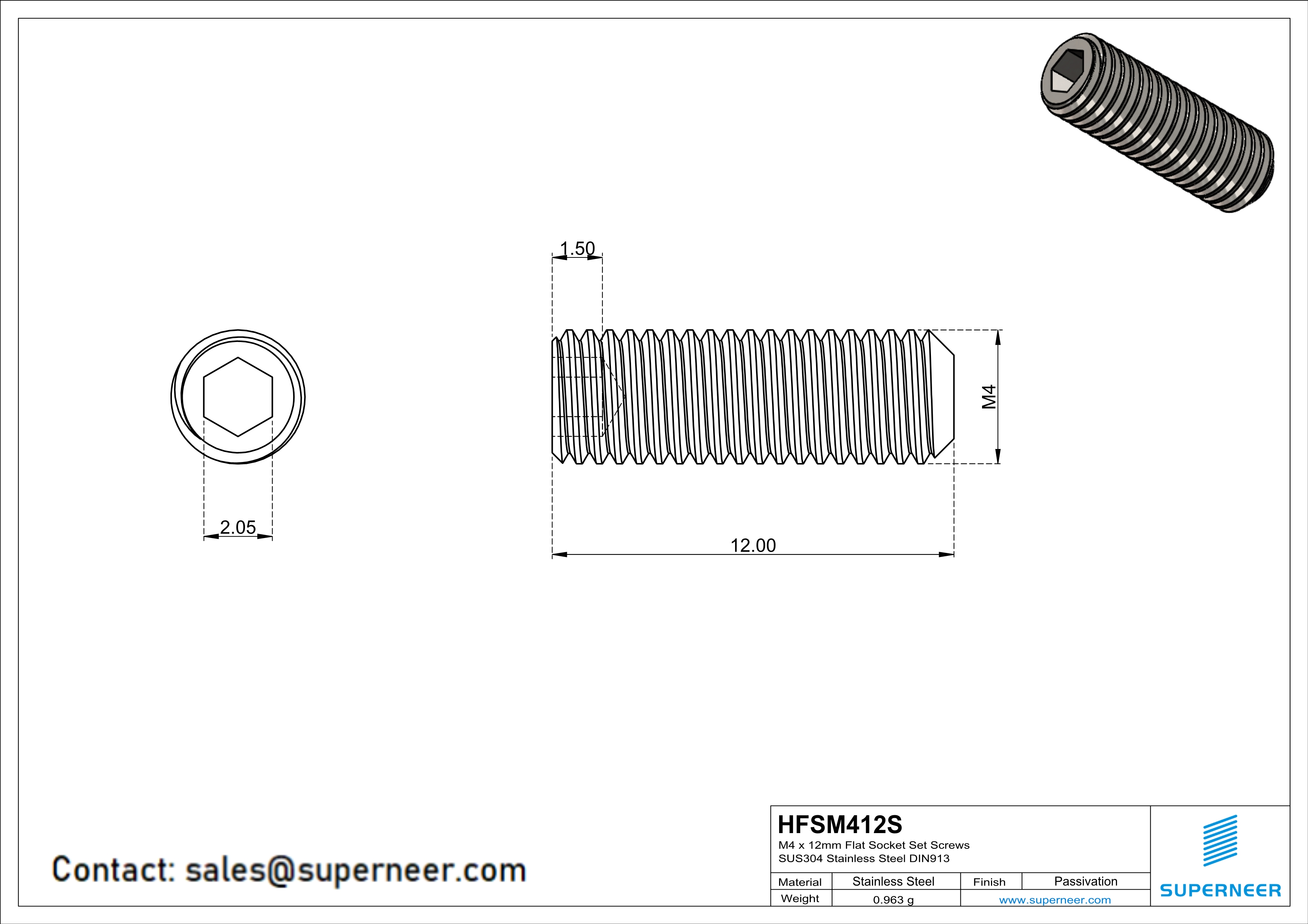 M4 x 12mm Flat Socket Set Screws SUS304 Stainless Steel Inox DIN913