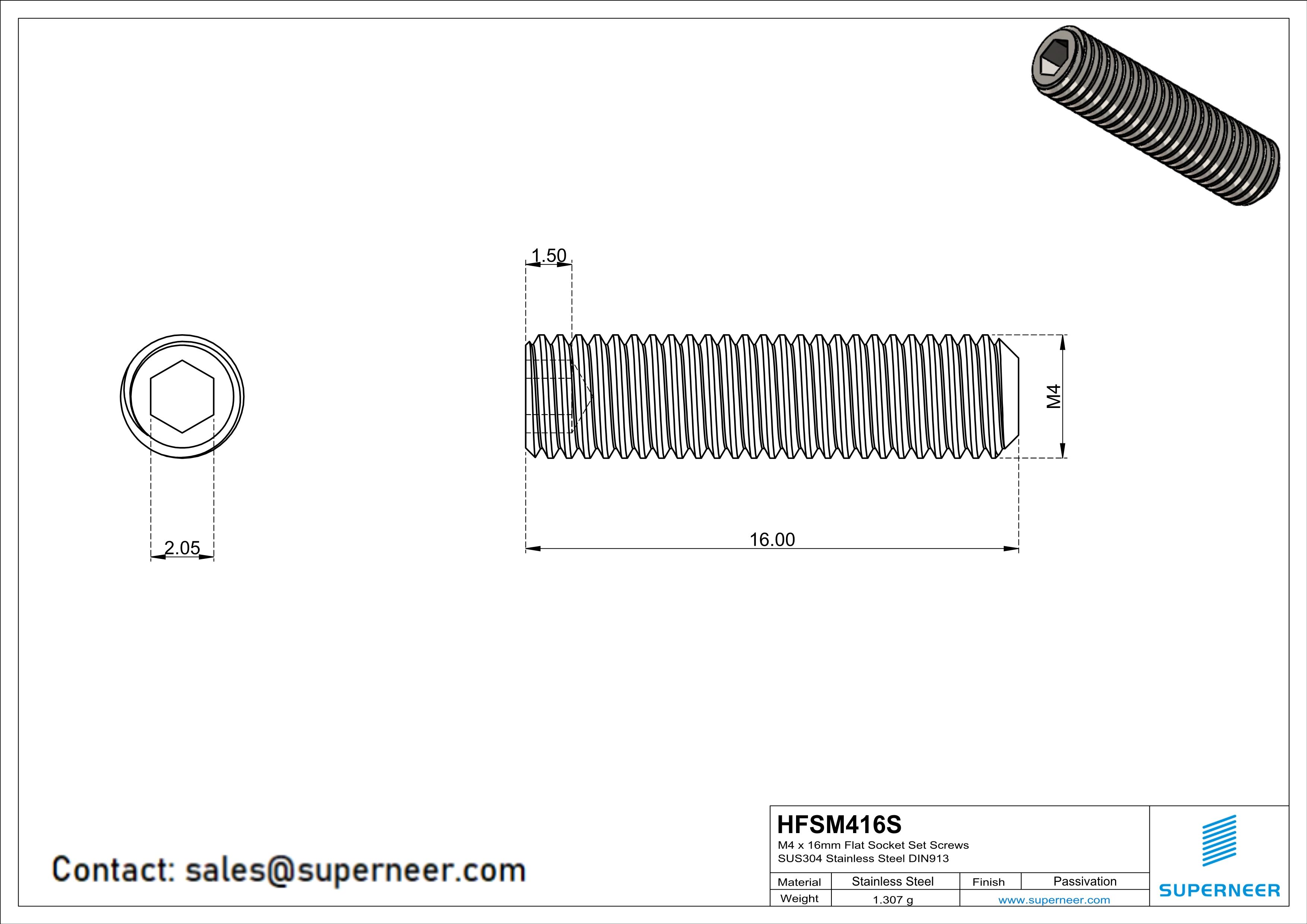 M4 x 16mm Flat Socket Set Screws SUS304 Stainless Steel Inox DIN913