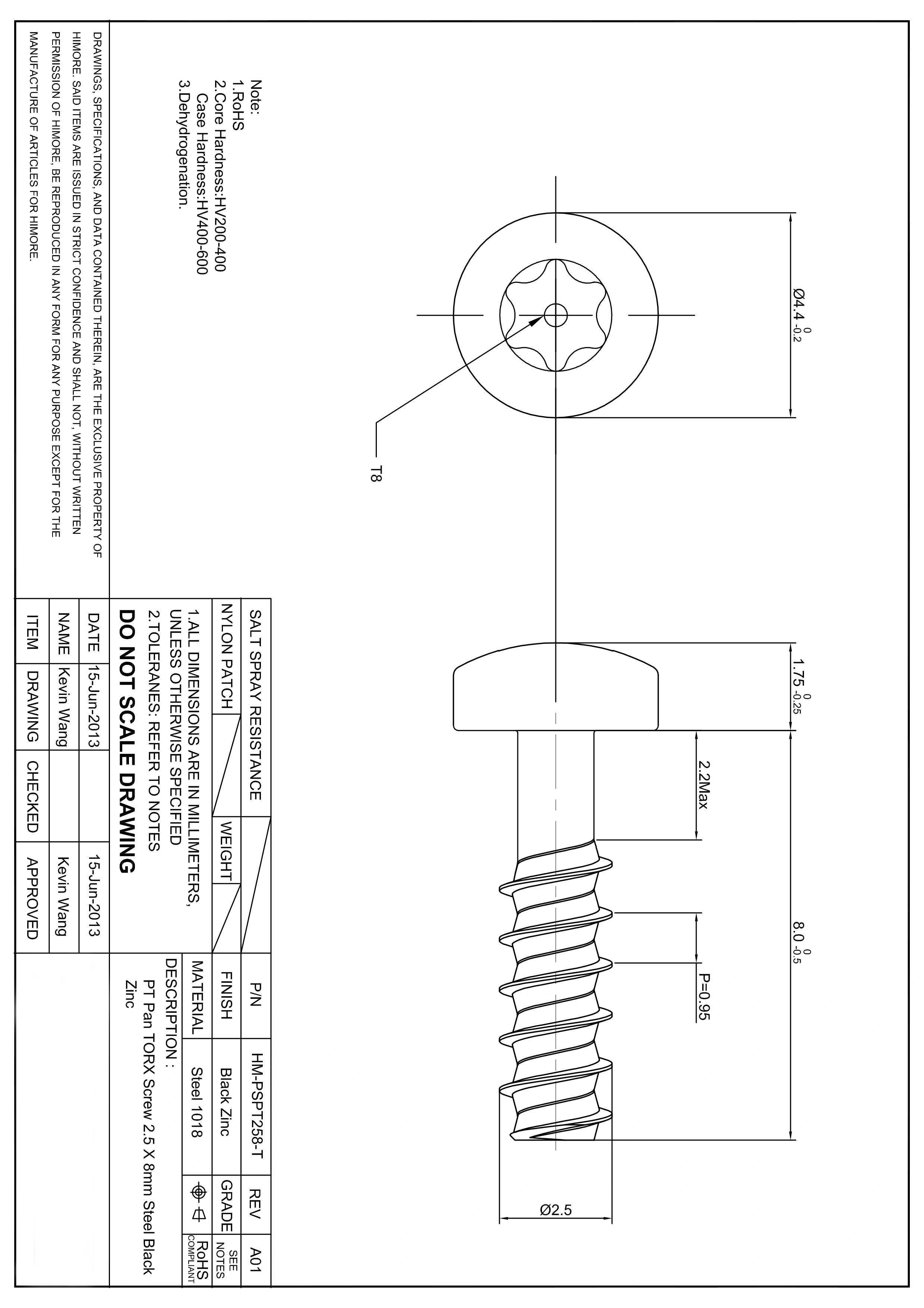  2.5 x 8mm T10 torx Pan head Screw Steel with RoHS White Zinc