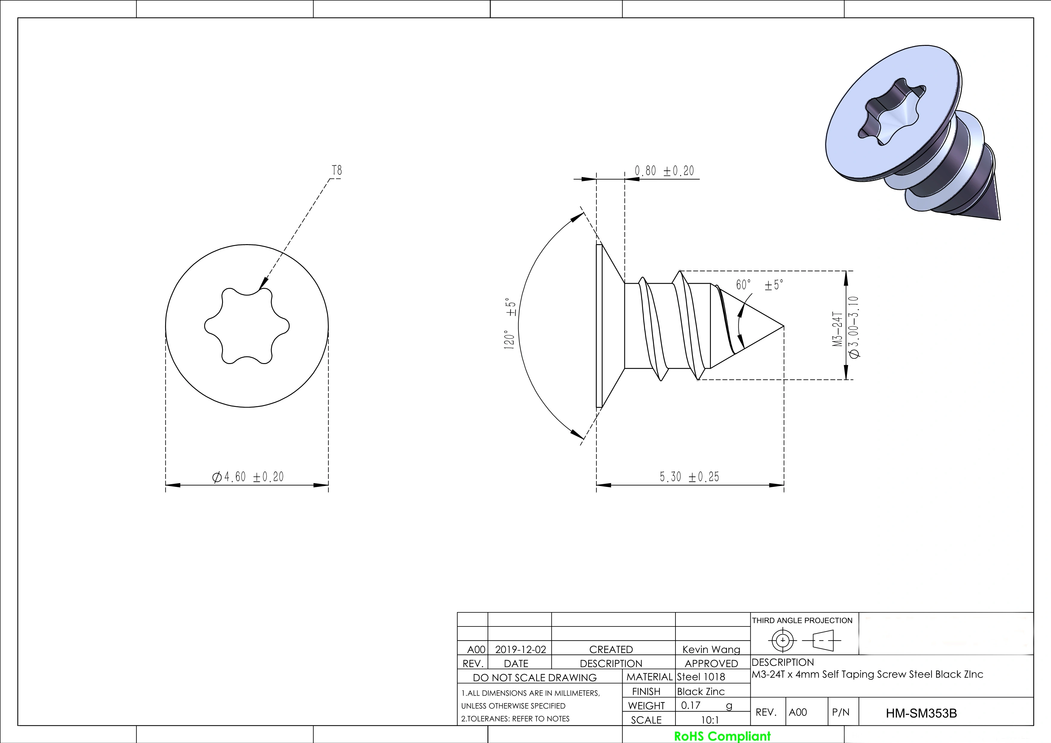 M3 x 5.3 Self Tapping Screw Steel Black Zinc