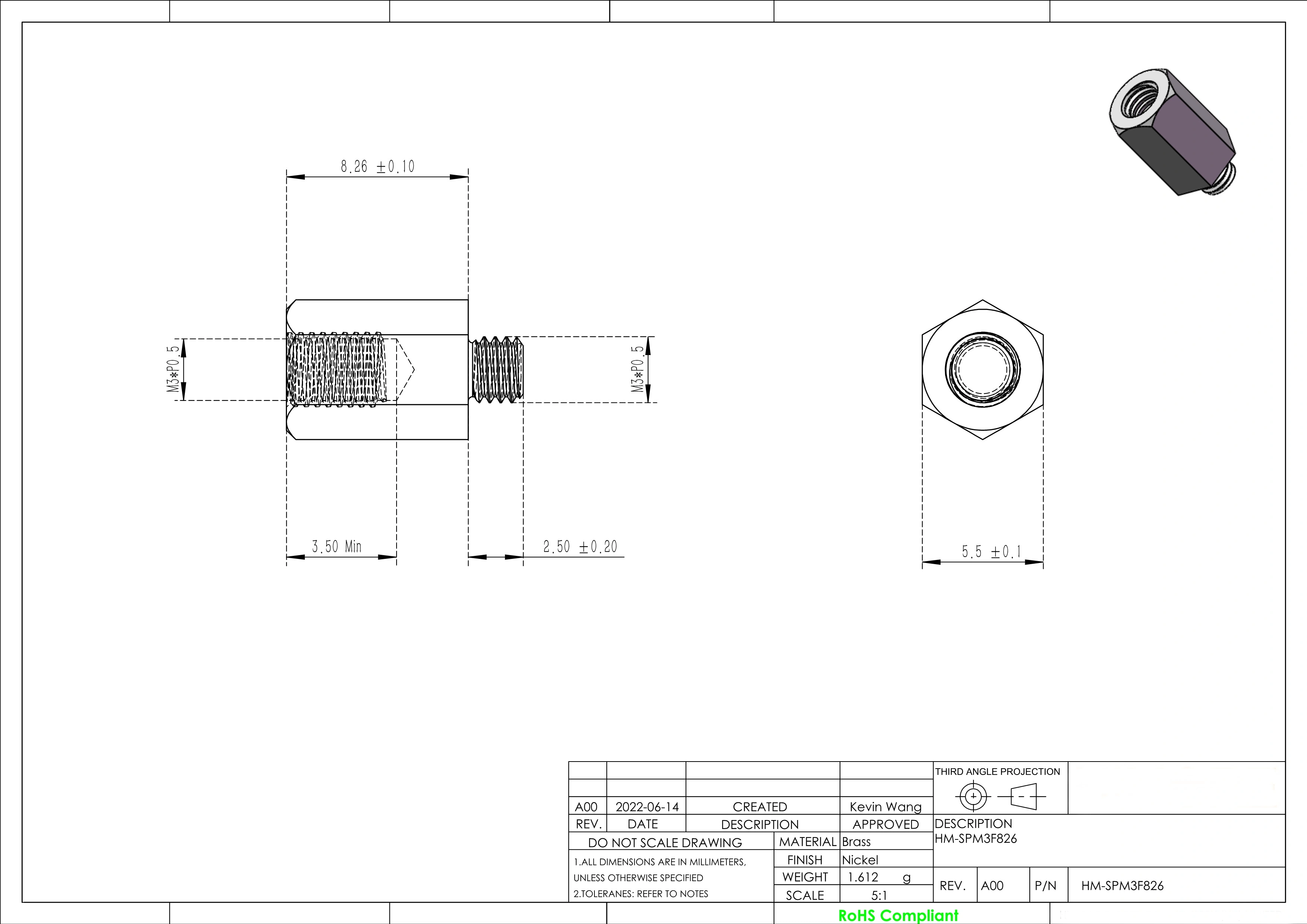 M3 x F2.5M8.26 Spacer Brass Nickel Plated