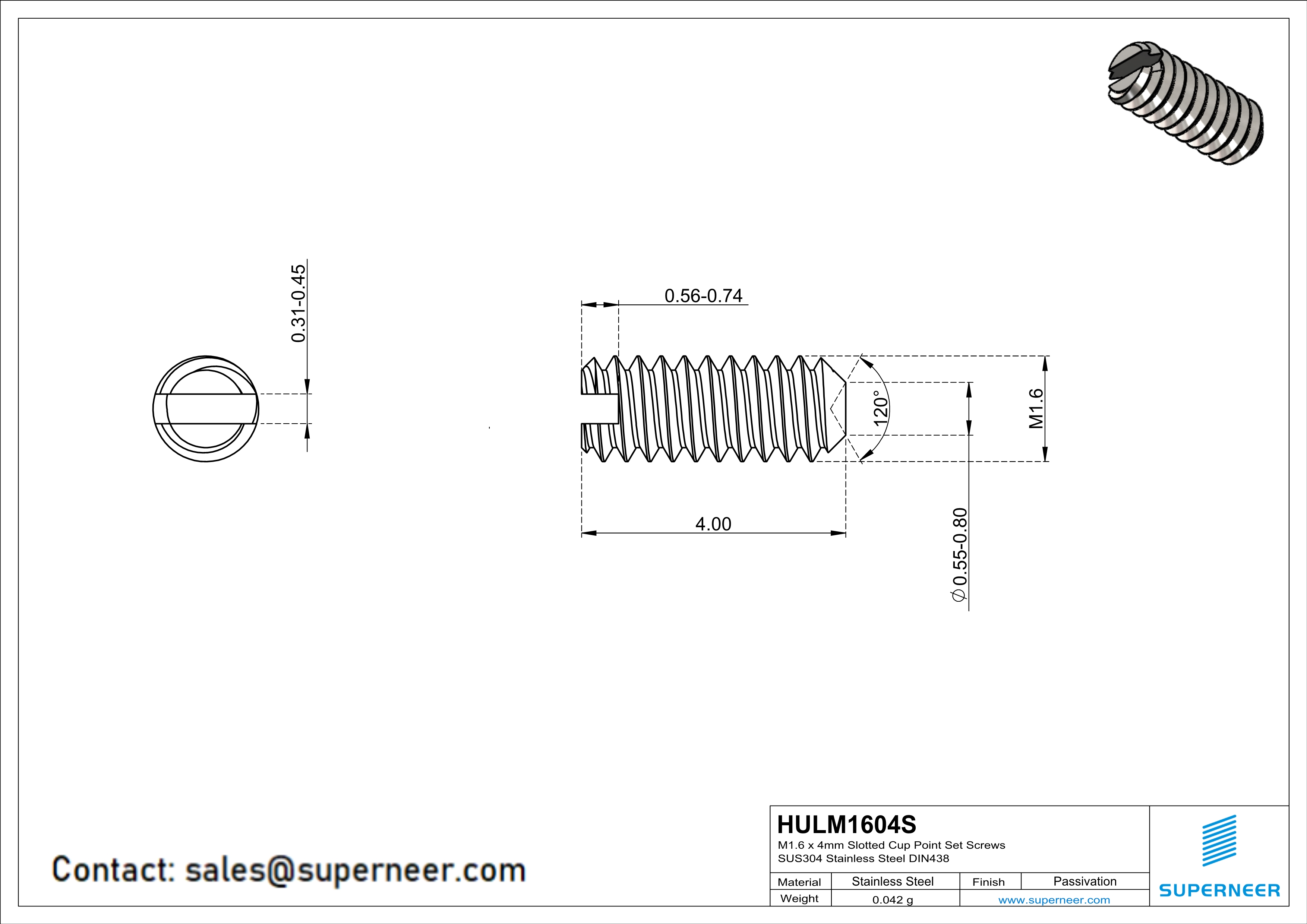 M1.6 x 4mm Slotted Cup Point Set Screws SUS304 Stainless Steel Inox DIN438