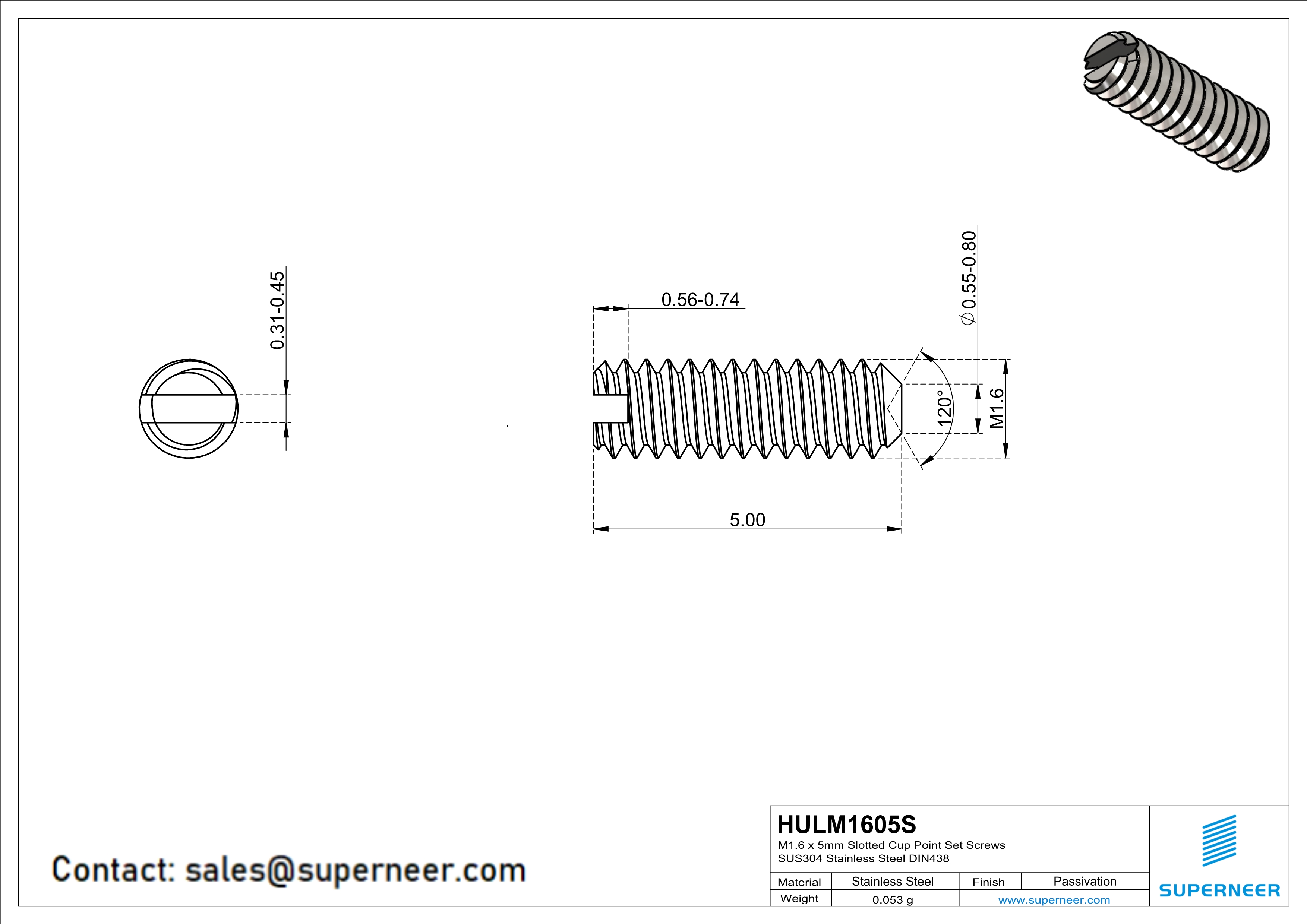 M1.6 x 5mm Slotted Cup Point Set Screws SUS304 Stainless Steel Inox DIN438