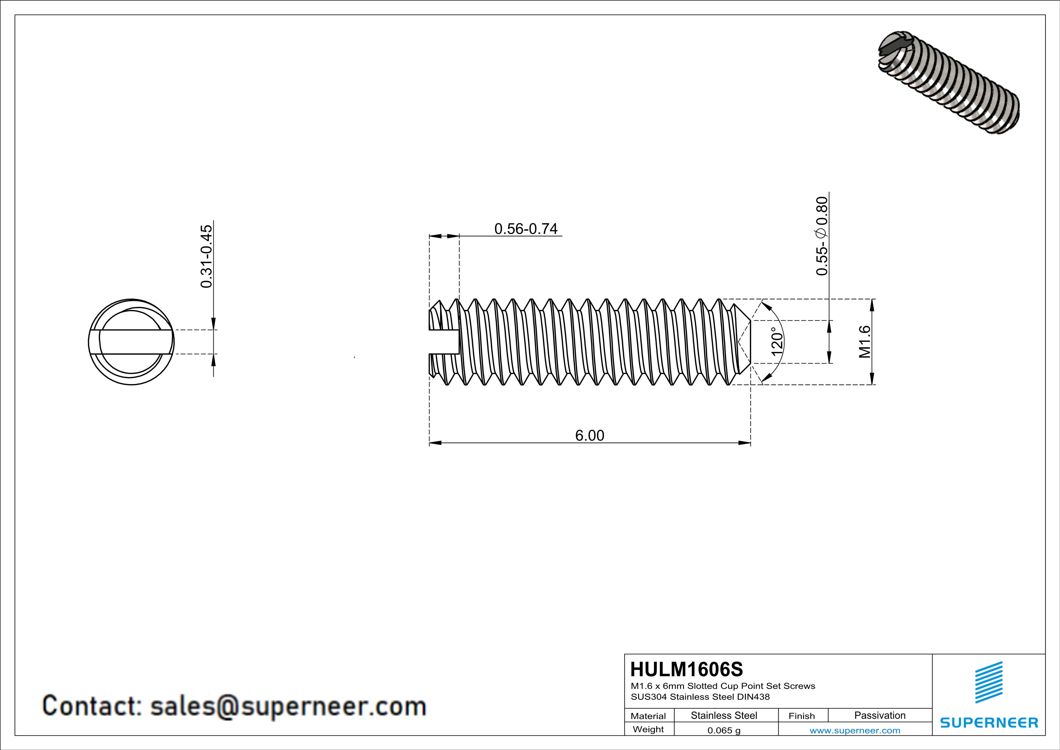 M1.6 x 6mm Slotted Cup Point Set Screws SUS304 Stainless Steel Inox DIN438