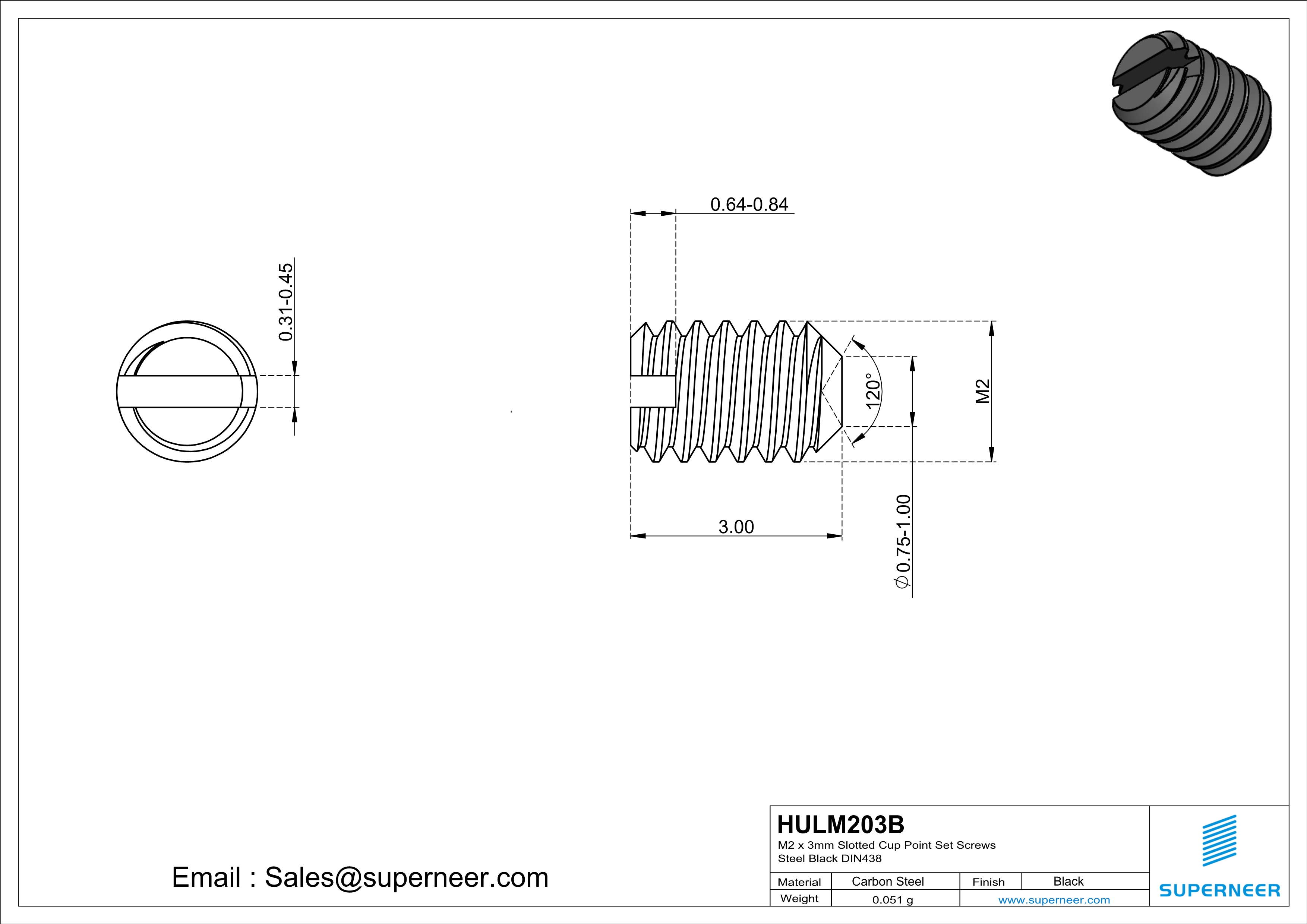 M2 x 3mm Slotted Cup Point Set Screws Steel Black DIN438