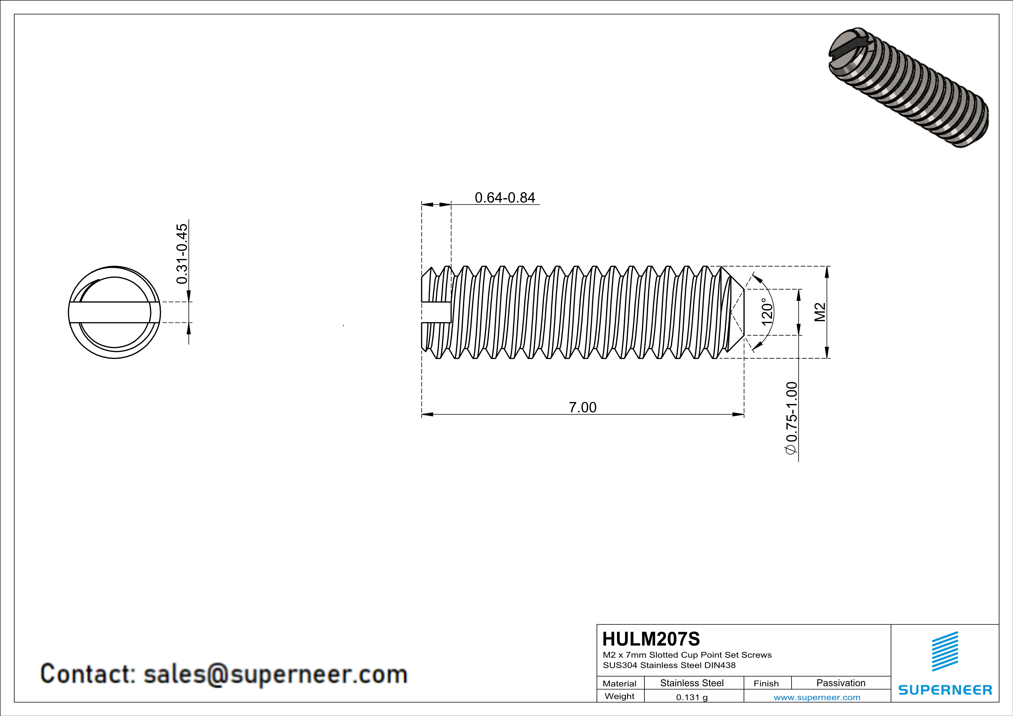 M2 x 7mm Slotted Cup Point Set Screws SUS304 Stainless Steel Inox DIN438