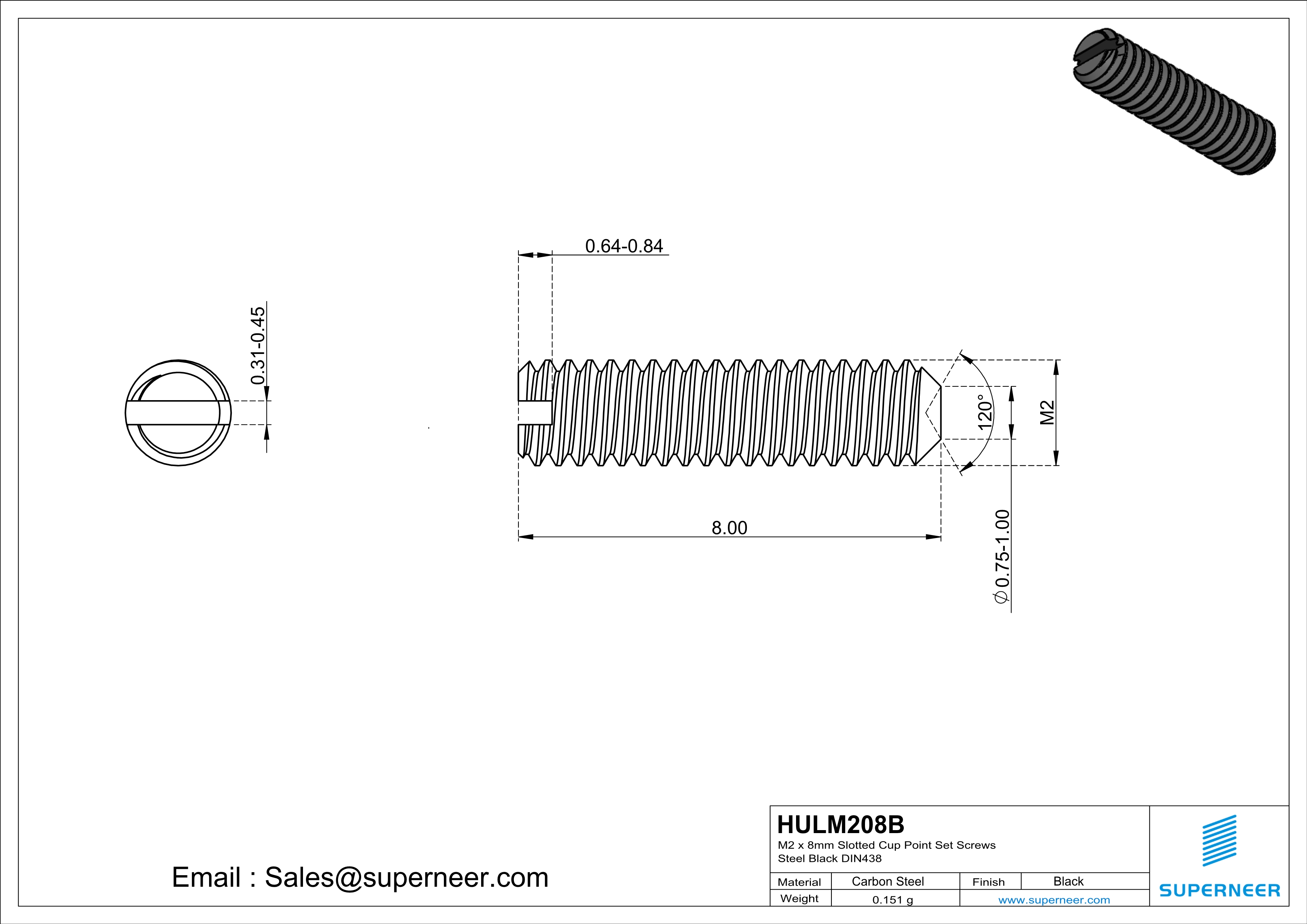 M2 x 8mm Slotted Cup Point Set Screws Steel Black DIN438