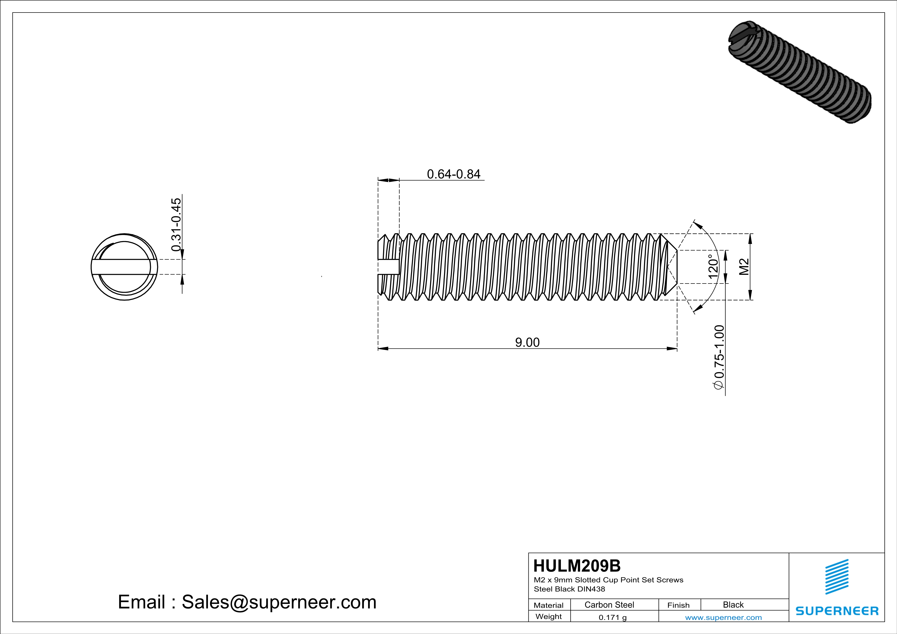 M2 x 9mm Slotted Cup Point Set Screws Steel Black DIN438