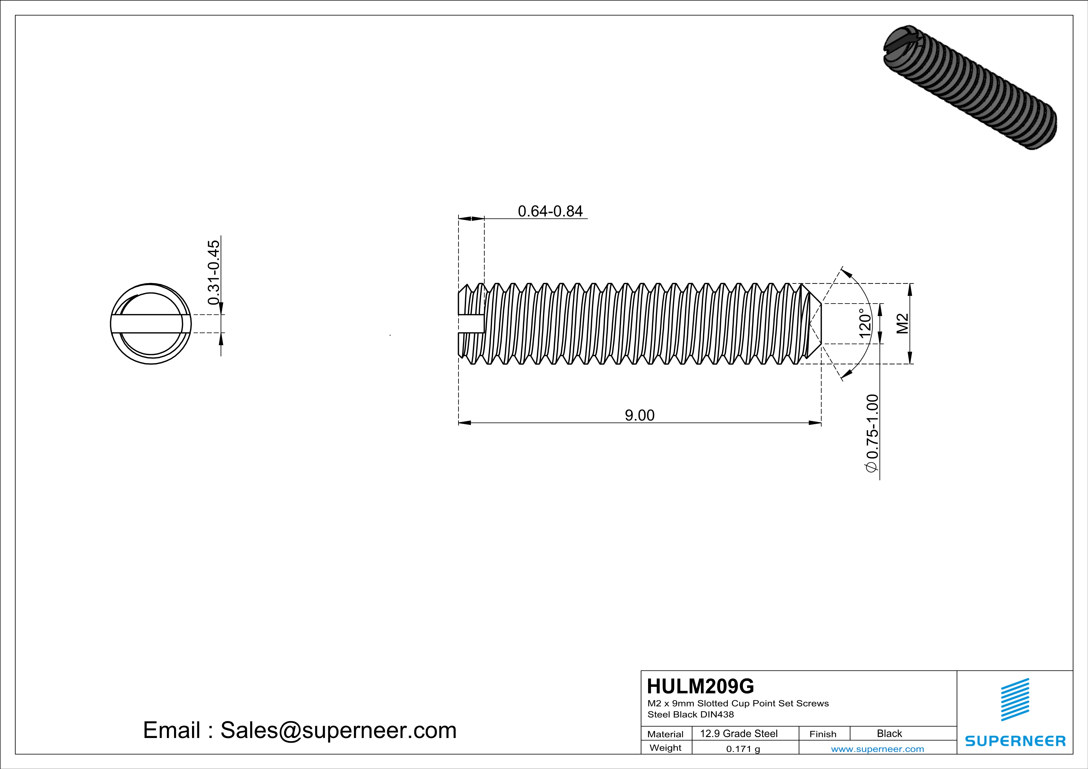 M2 x 9mm Slotted Cup Point Set Screws 12.9 Carbon Steel Black DIN438