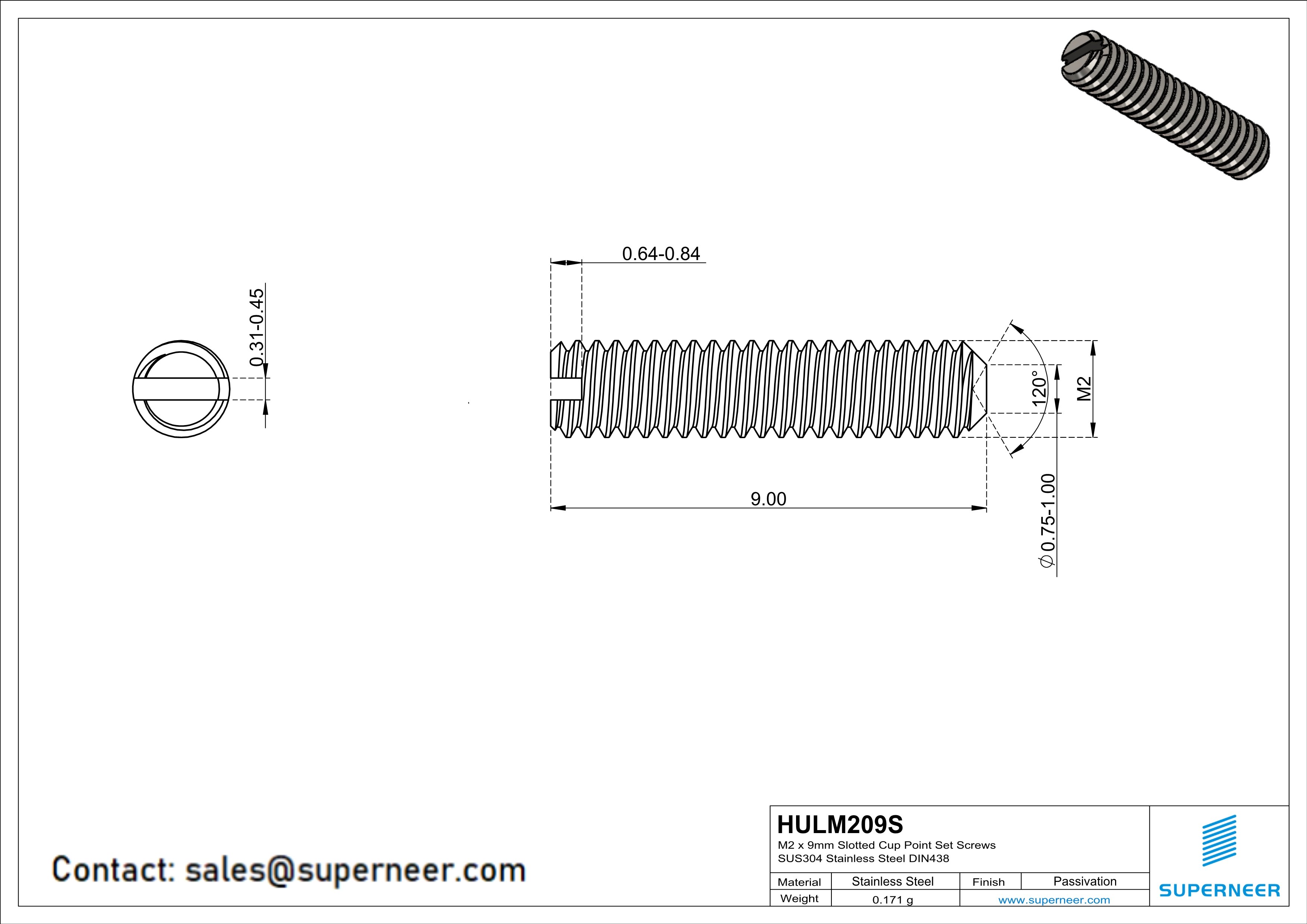 M2 x 9mm Slotted Cup Point Set Screws SUS304 Stainless Steel Inox DIN438