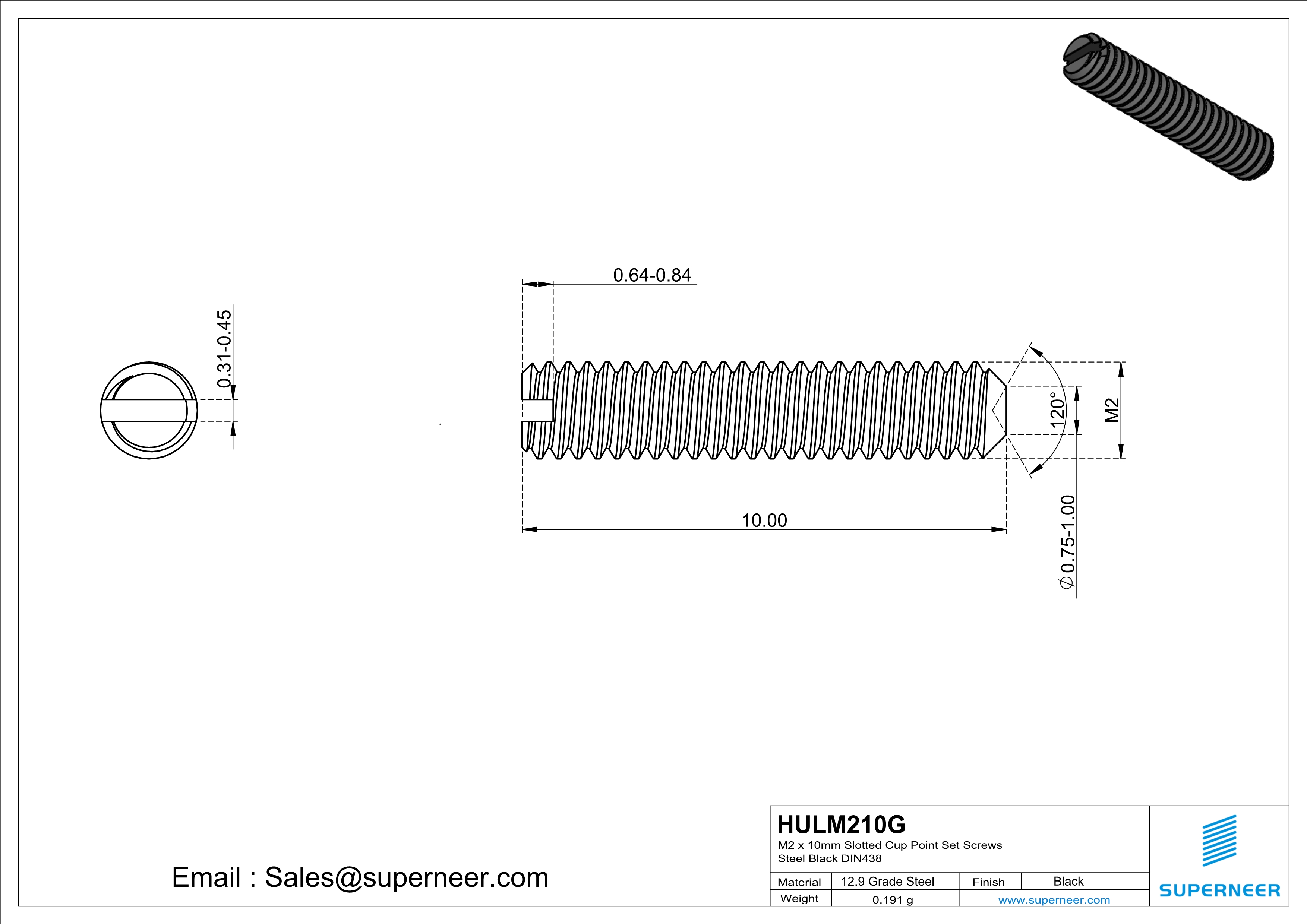 M2 x 10mm Slotted Cup Point Set Screws 12.9 Carbon Steel Black DIN438