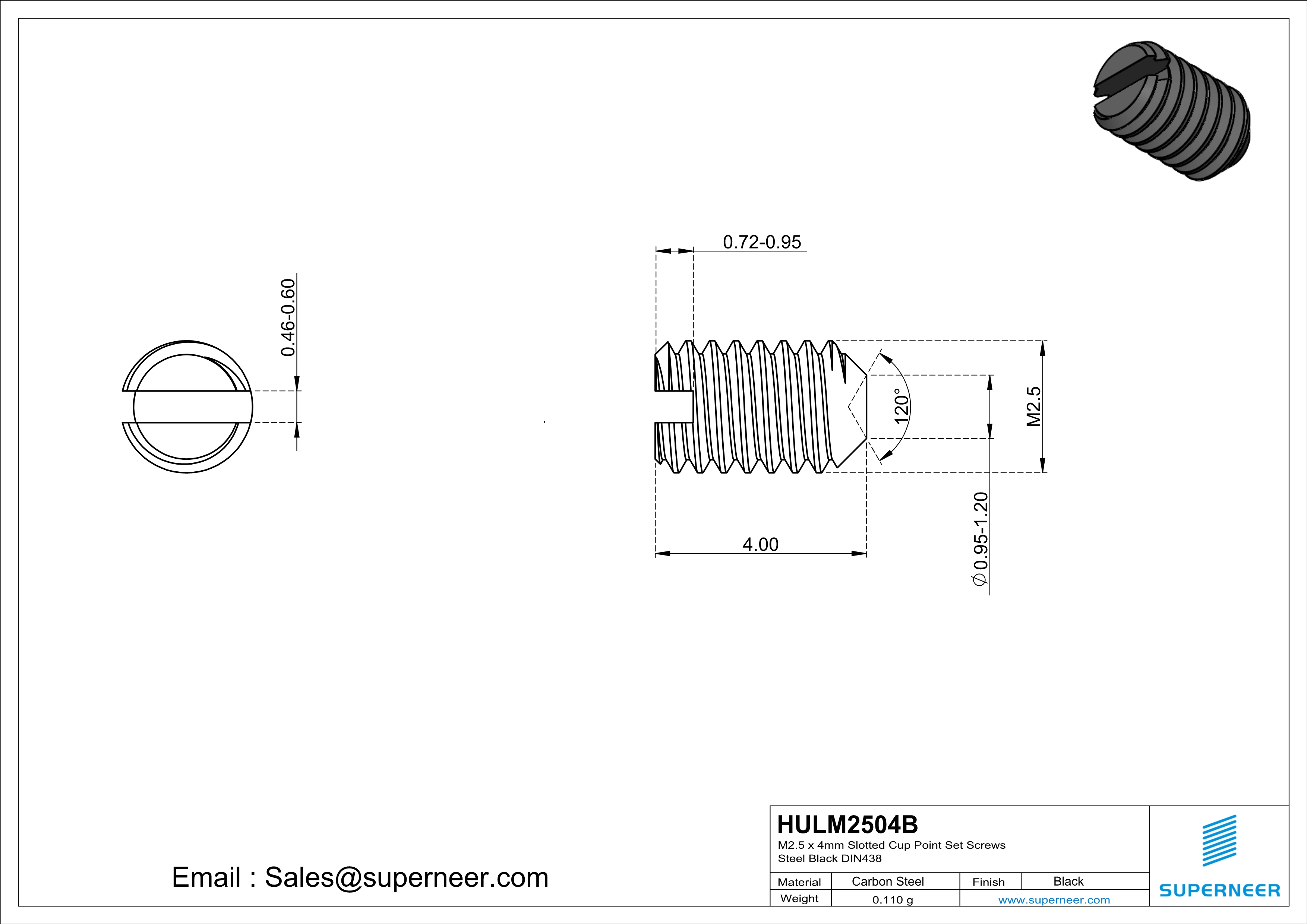 M2.5 x 4mm Slotted Cup Point Set Screws Steel Black DIN438