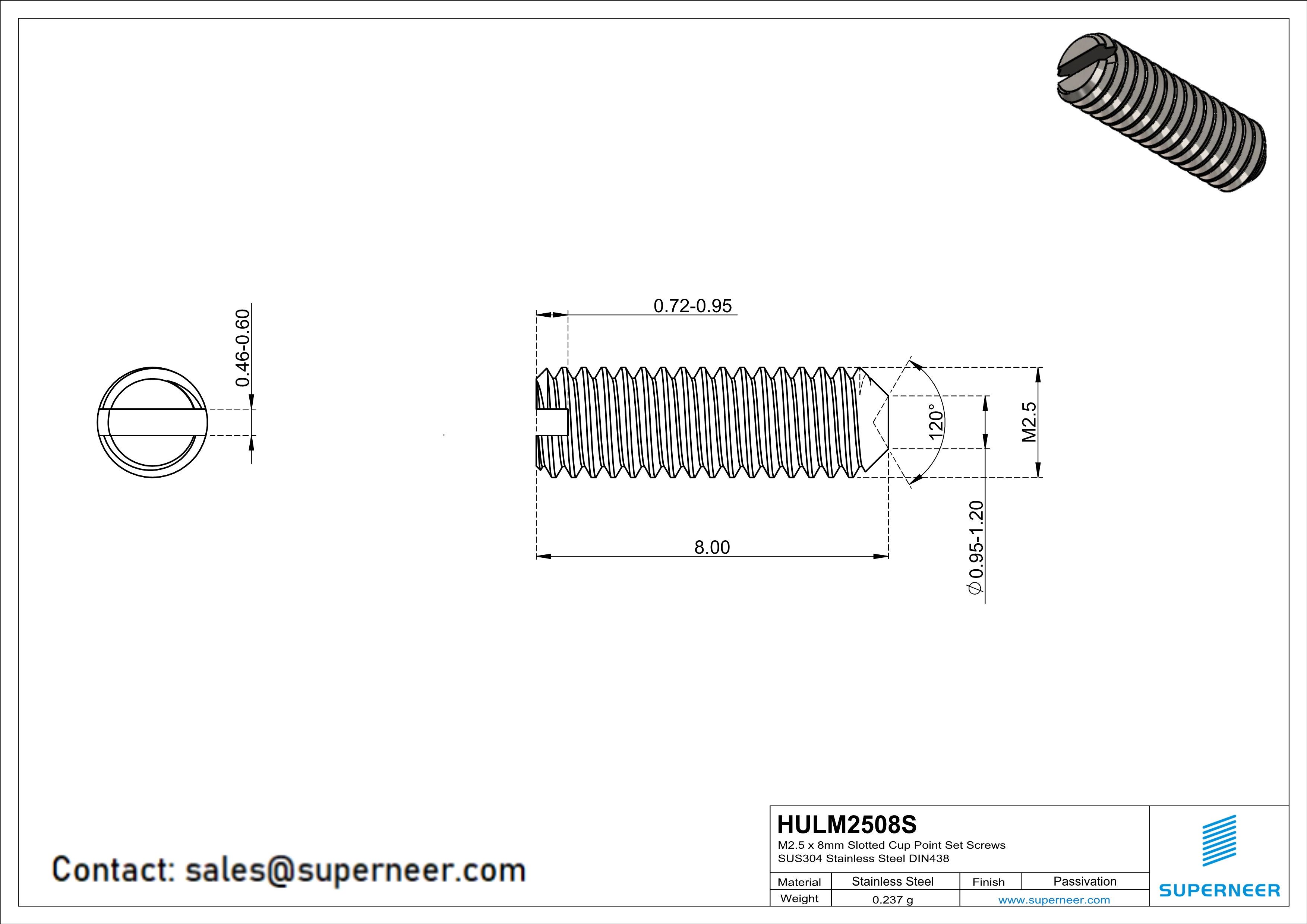 M2.5 x 8mm Slotted Cup Point Set Screws SUS304 Stainless Steel Inox DIN438