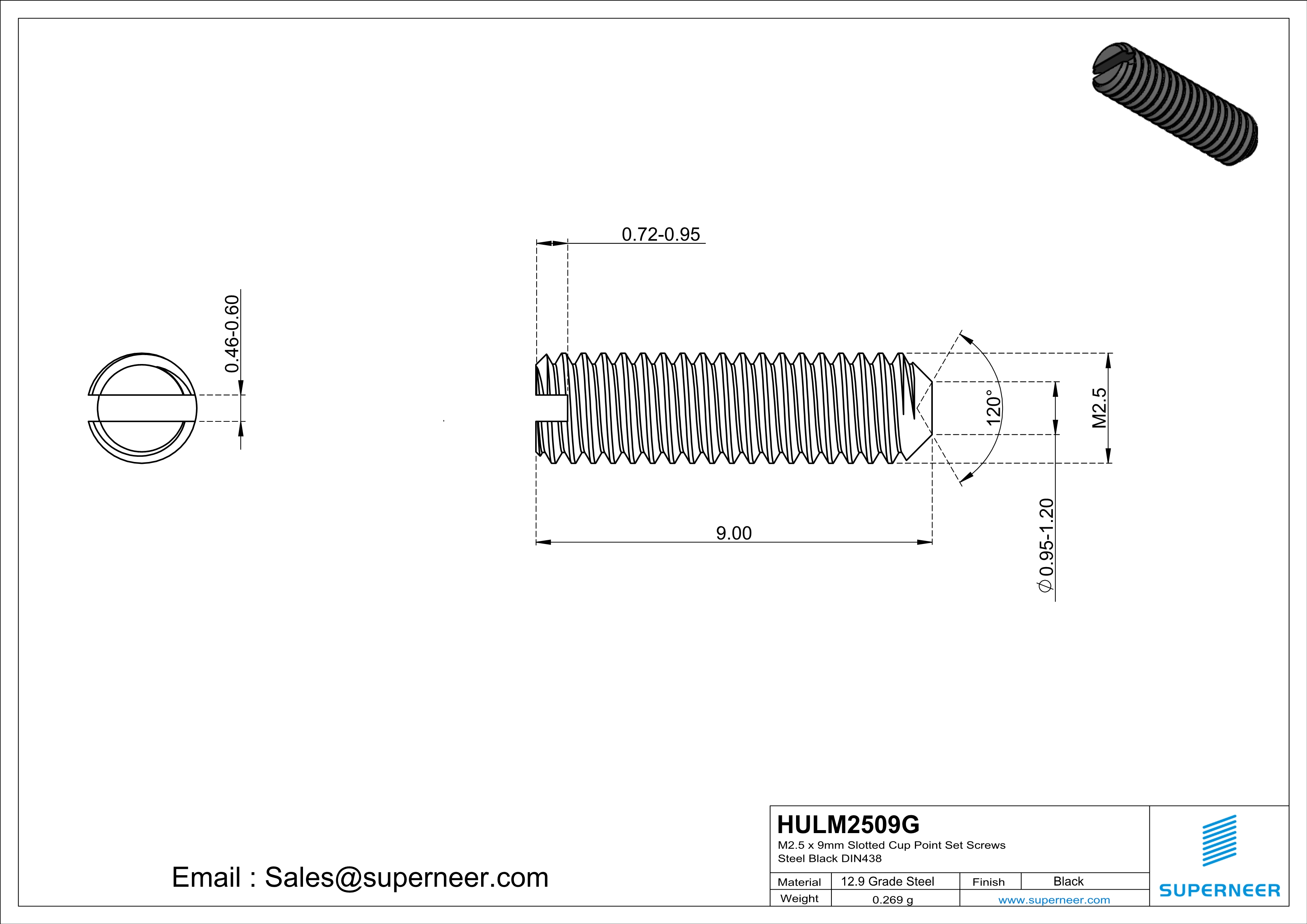 M2.5 x 9mm Slotted Cup Point Set Screws 12.9 Carbon Steel Black DIN438