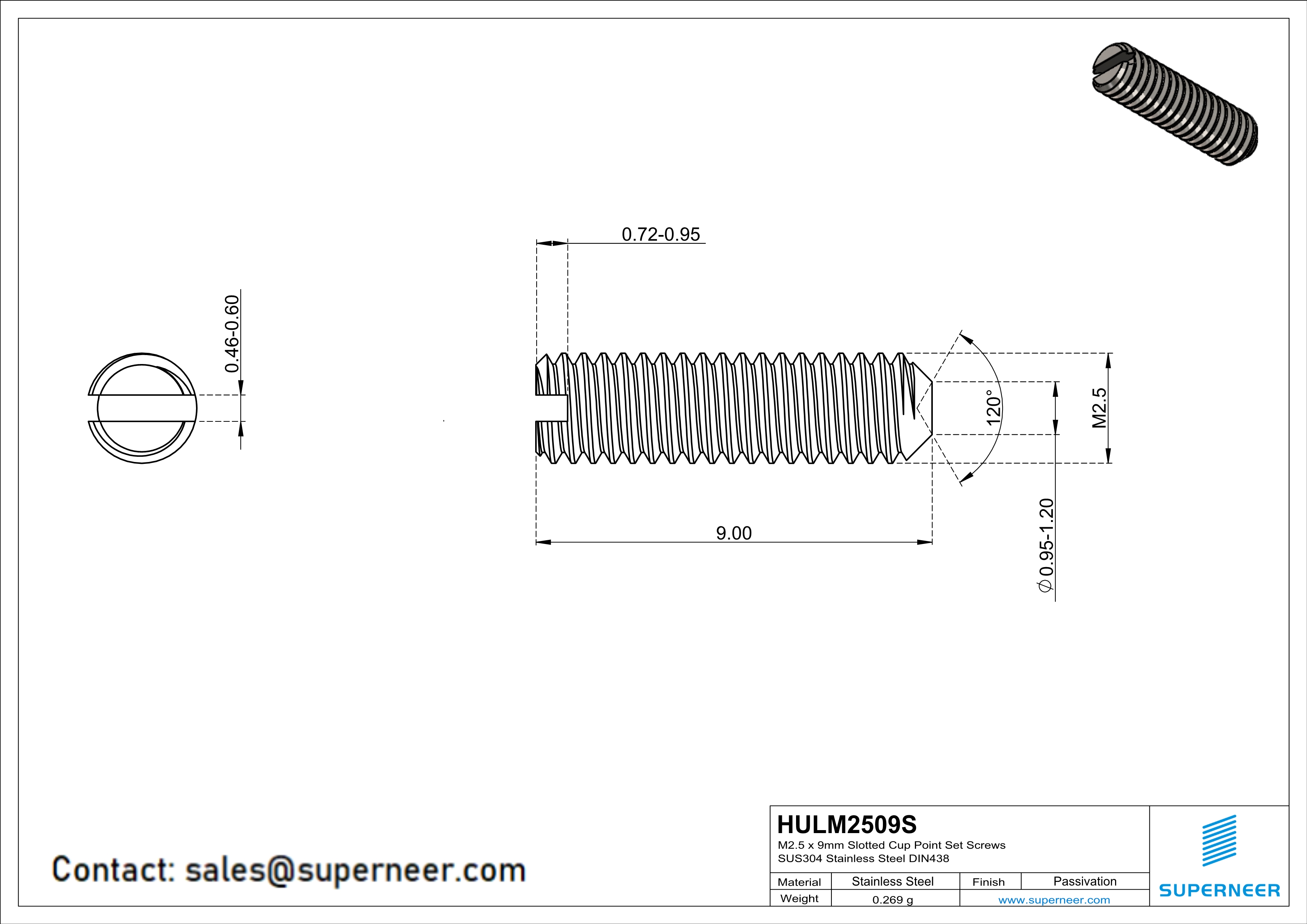 M2.5 x 9mm Slotted Cup Point Set Screws SUS304 Stainless Steel Inox DIN438