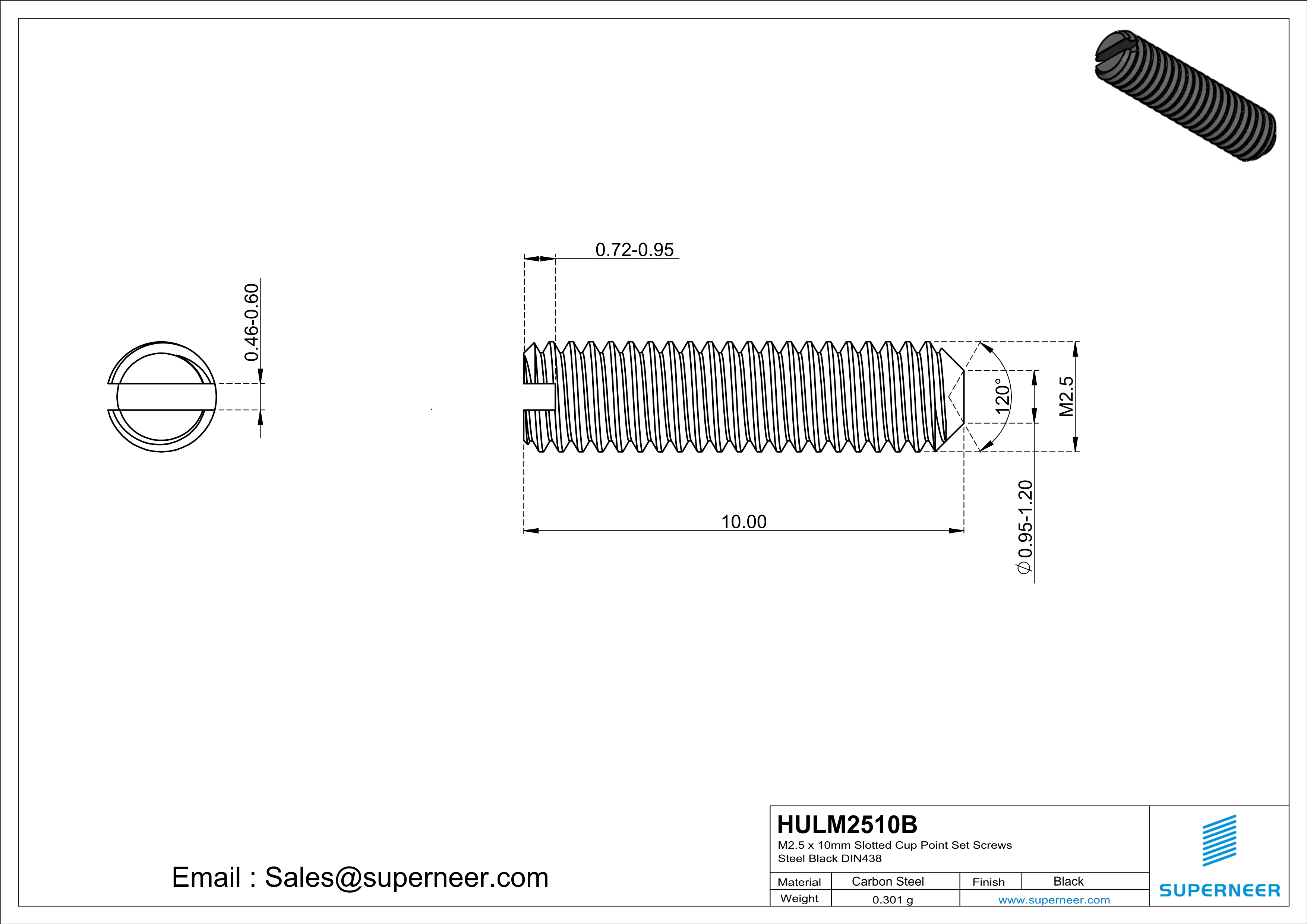 M2.5 x 10mm Slotted Cup Point Set Screws Steel Black DIN438