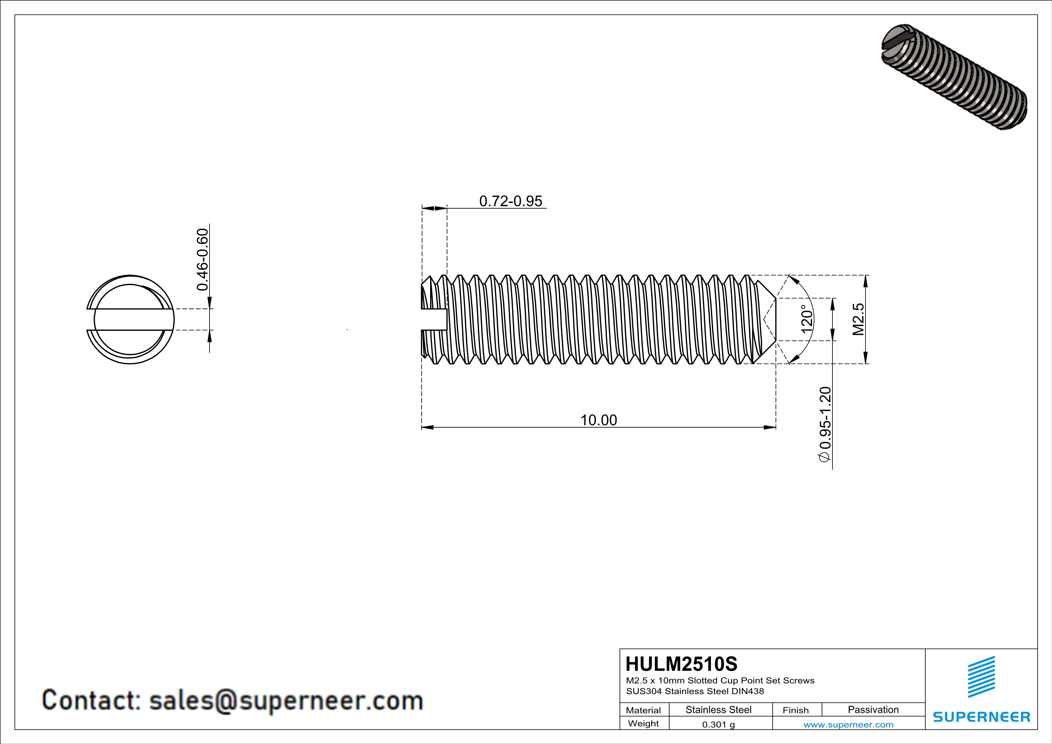 M2.5 x 10mm Slotted Cup Point Set Screws SUS304 Stainless Steel Inox DIN438