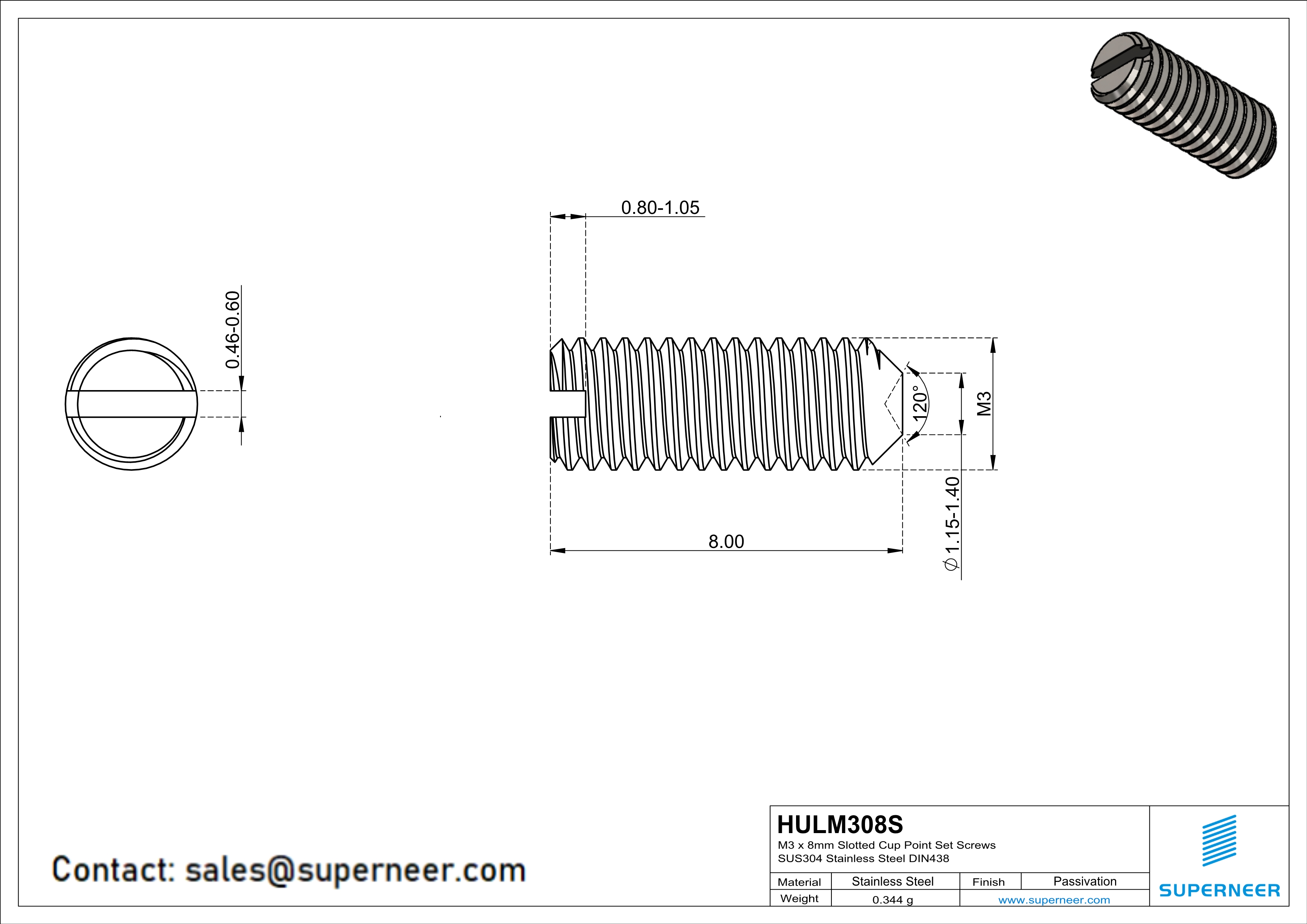 M3 x 8mm Slotted Cup Point Set Screws SUS304 Stainless Steel Inox DIN438