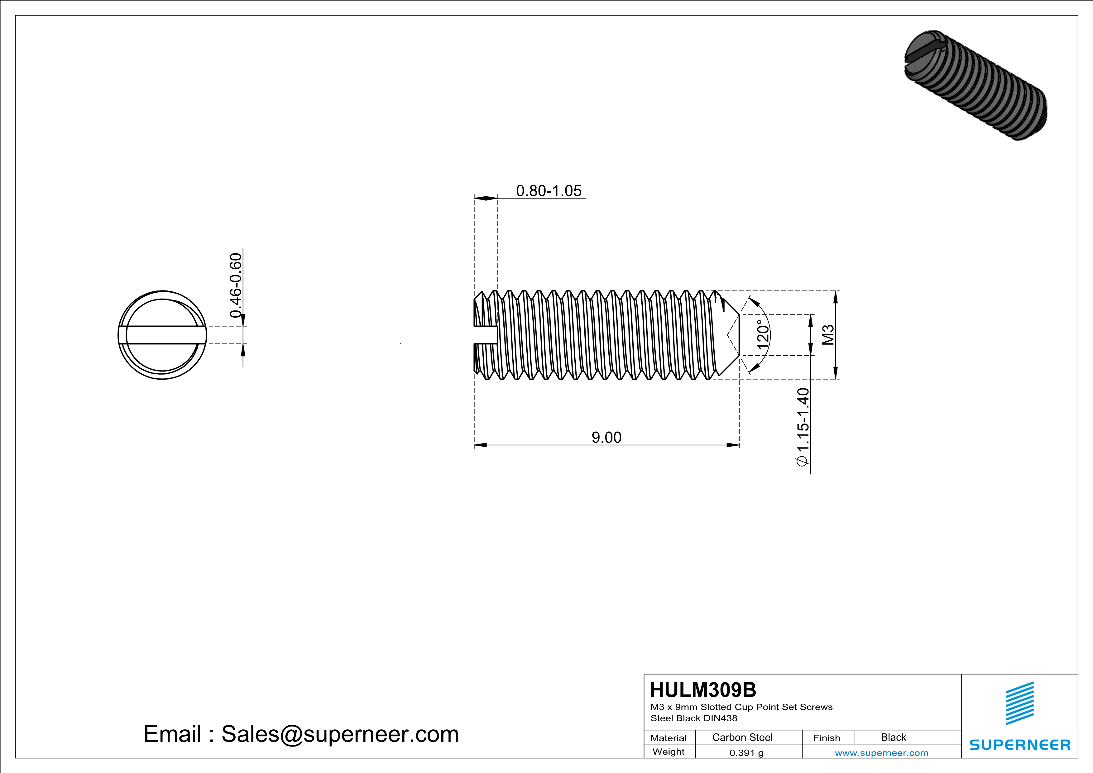 M3 x 9mm Slotted Cup Point Set Screws Steel Black DIN438