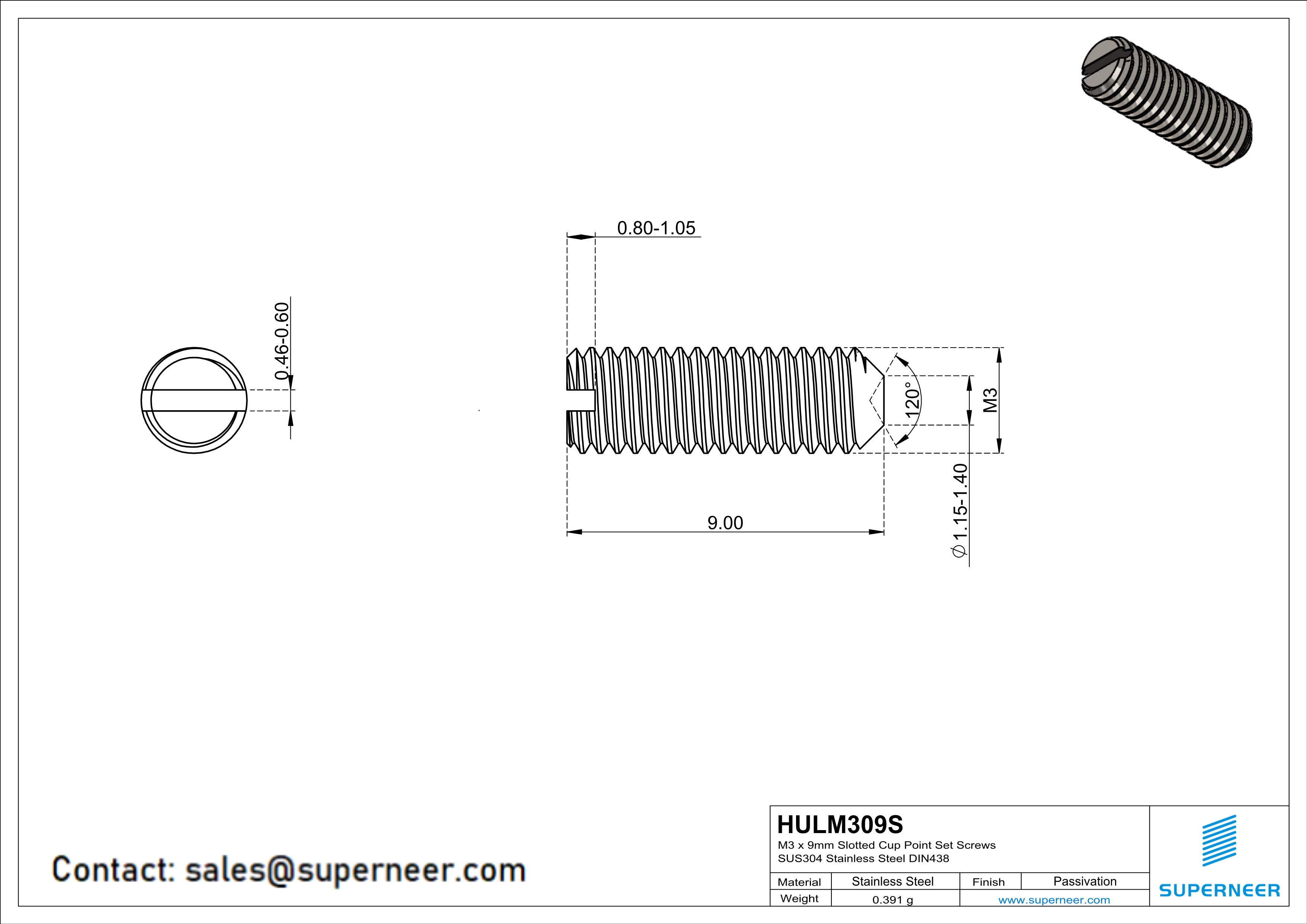 M3 x 9mm Slotted Cup Point Set Screws SUS304 Stainless Steel Inox DIN438