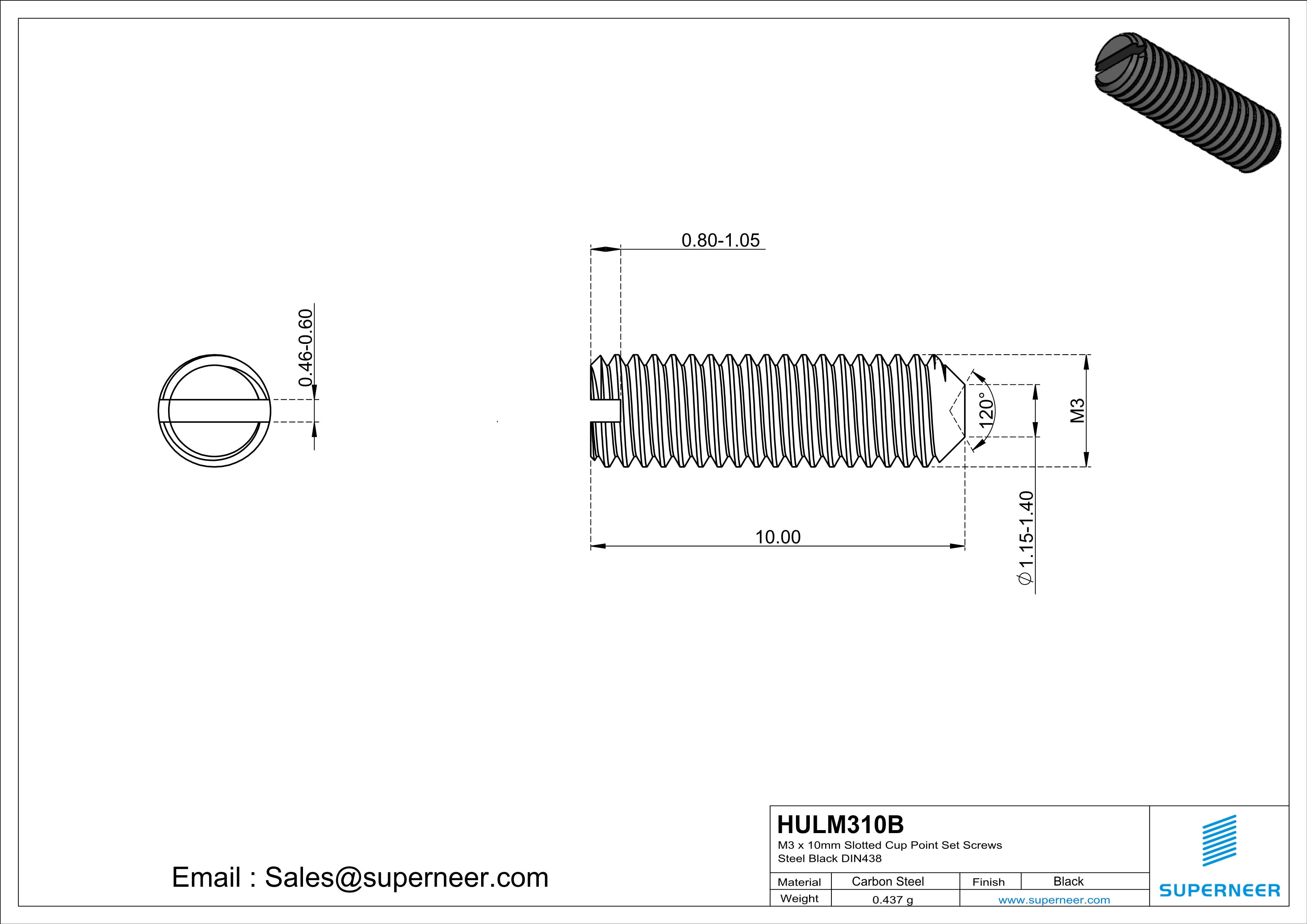 M3 x 10mm Slotted Cup Point Set Screws Steel Black DIN438