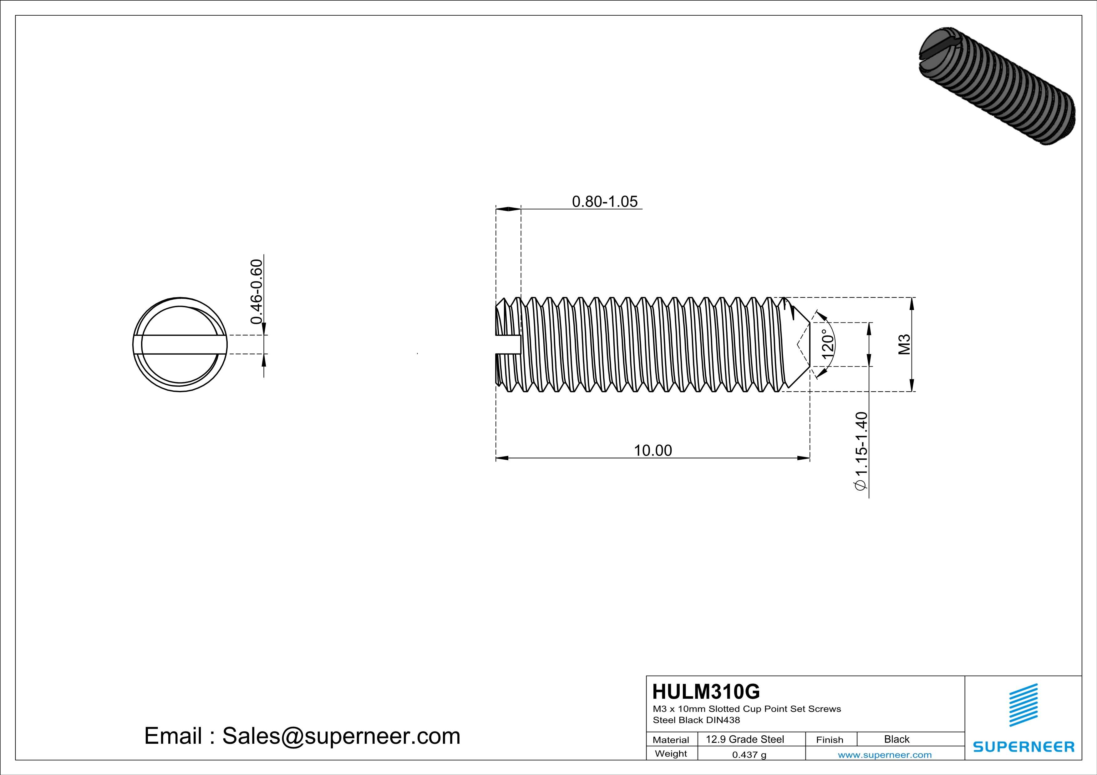 M3 x 10mm Slotted Cup Point Set Screws 12.9 Carbon Steel Black DIN438