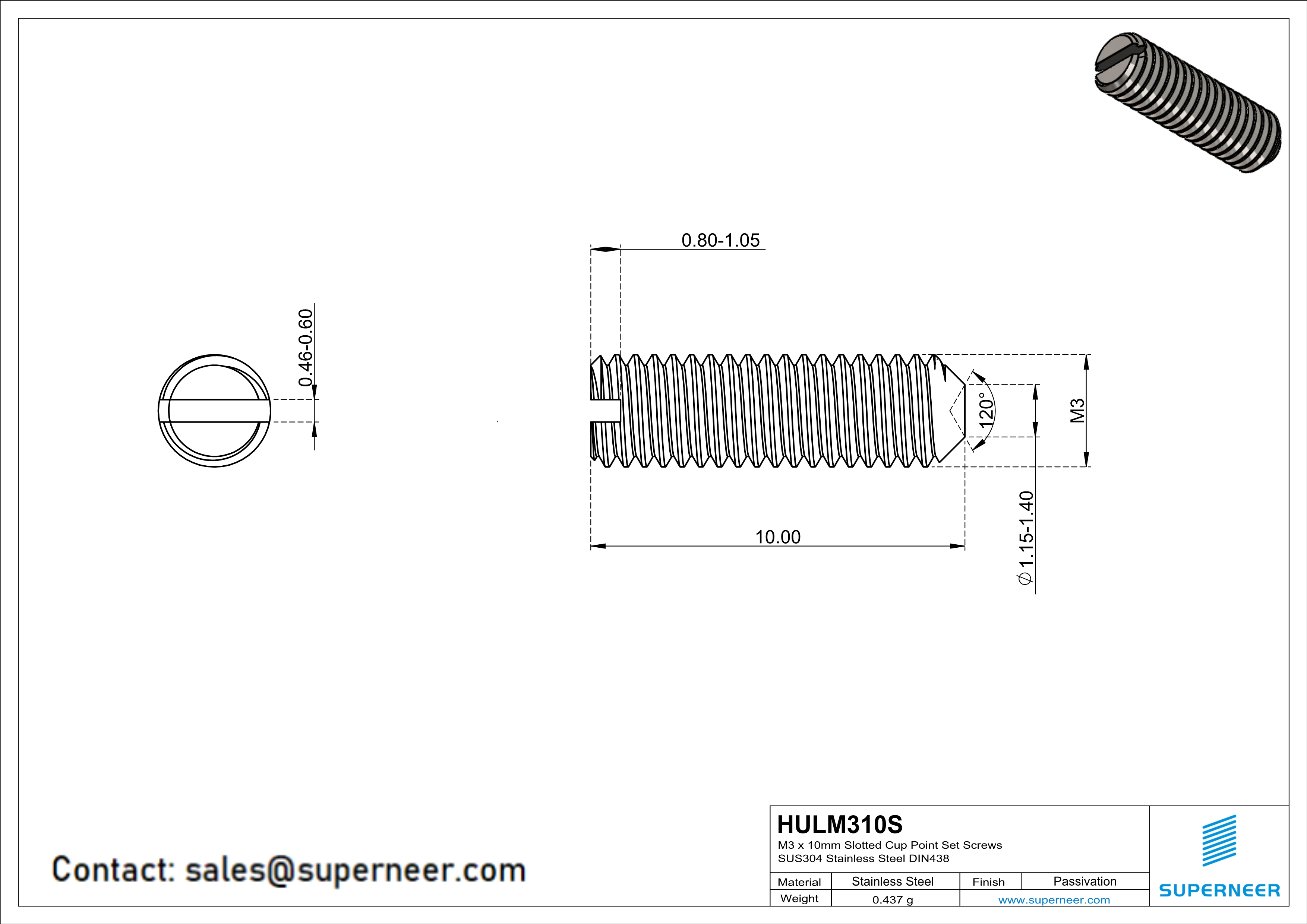 M3 x 10mm Slotted Cup Point Set Screws SUS304 Stainless Steel Inox DIN438