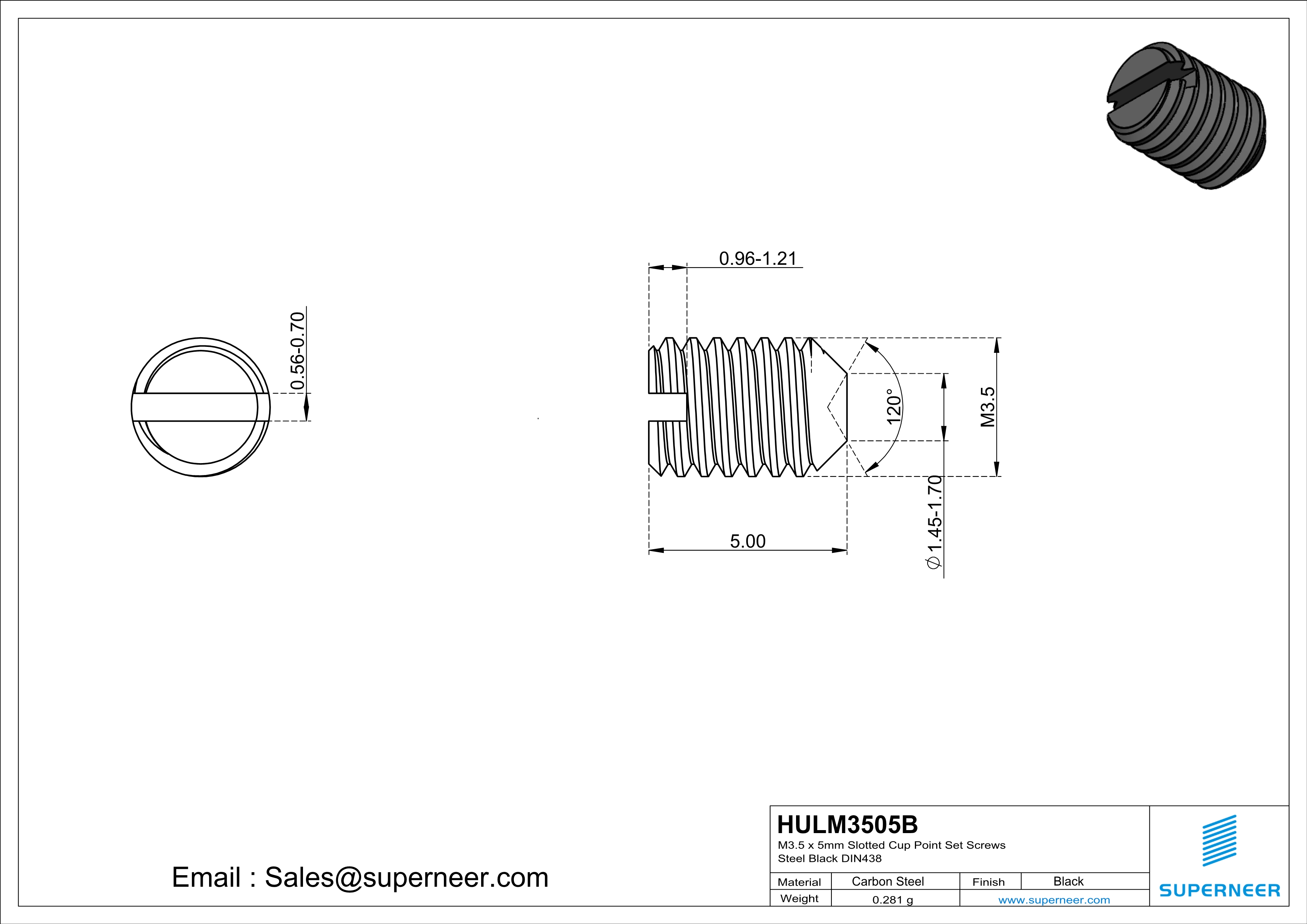 M3.5 x 5mm Slotted Cup Point Set Screws Steel Black DIN438