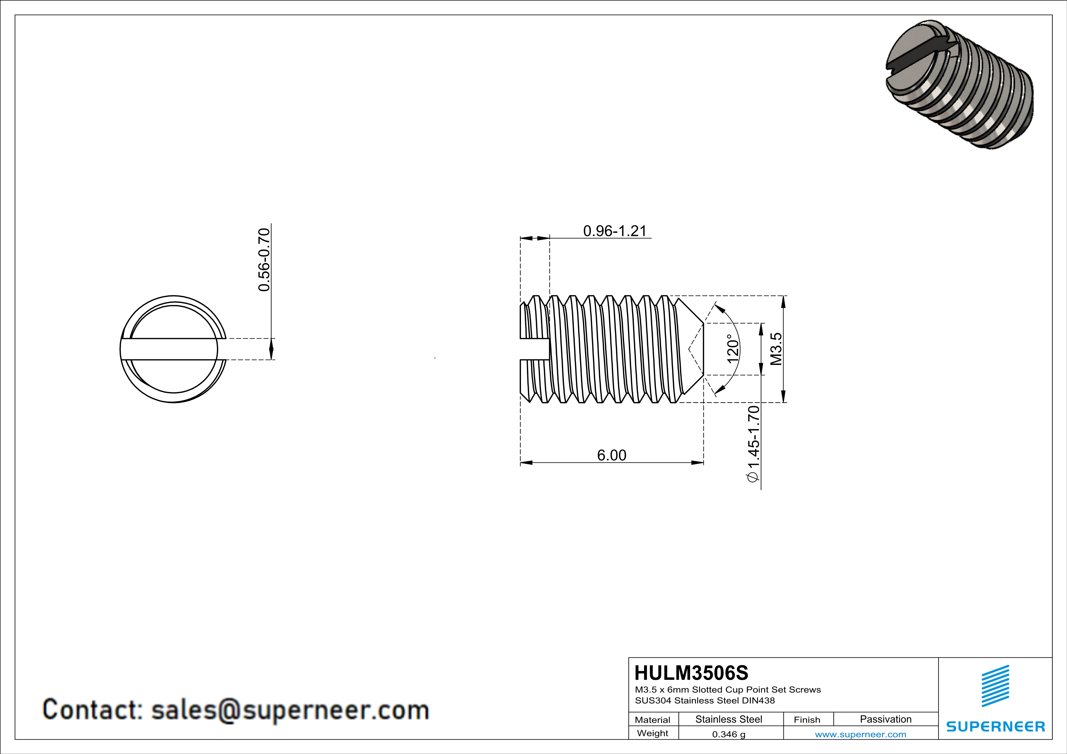 M3.5 x 6mm Slotted Cup Point Set Screws SUS304 Stainless Steel Inox DIN438