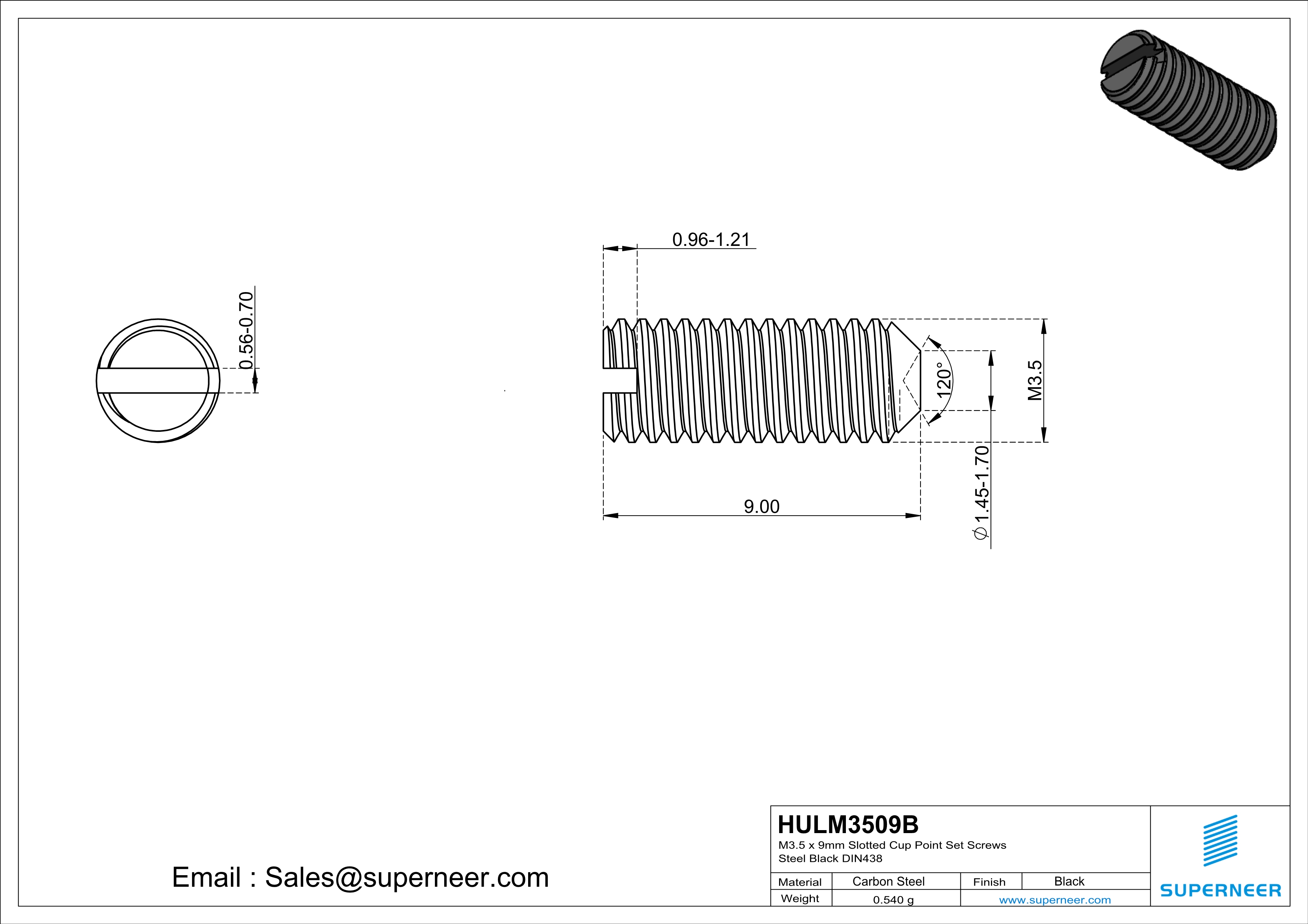 M3.5 x 9mm Slotted Cup Point Set Screws Steel Black DIN438