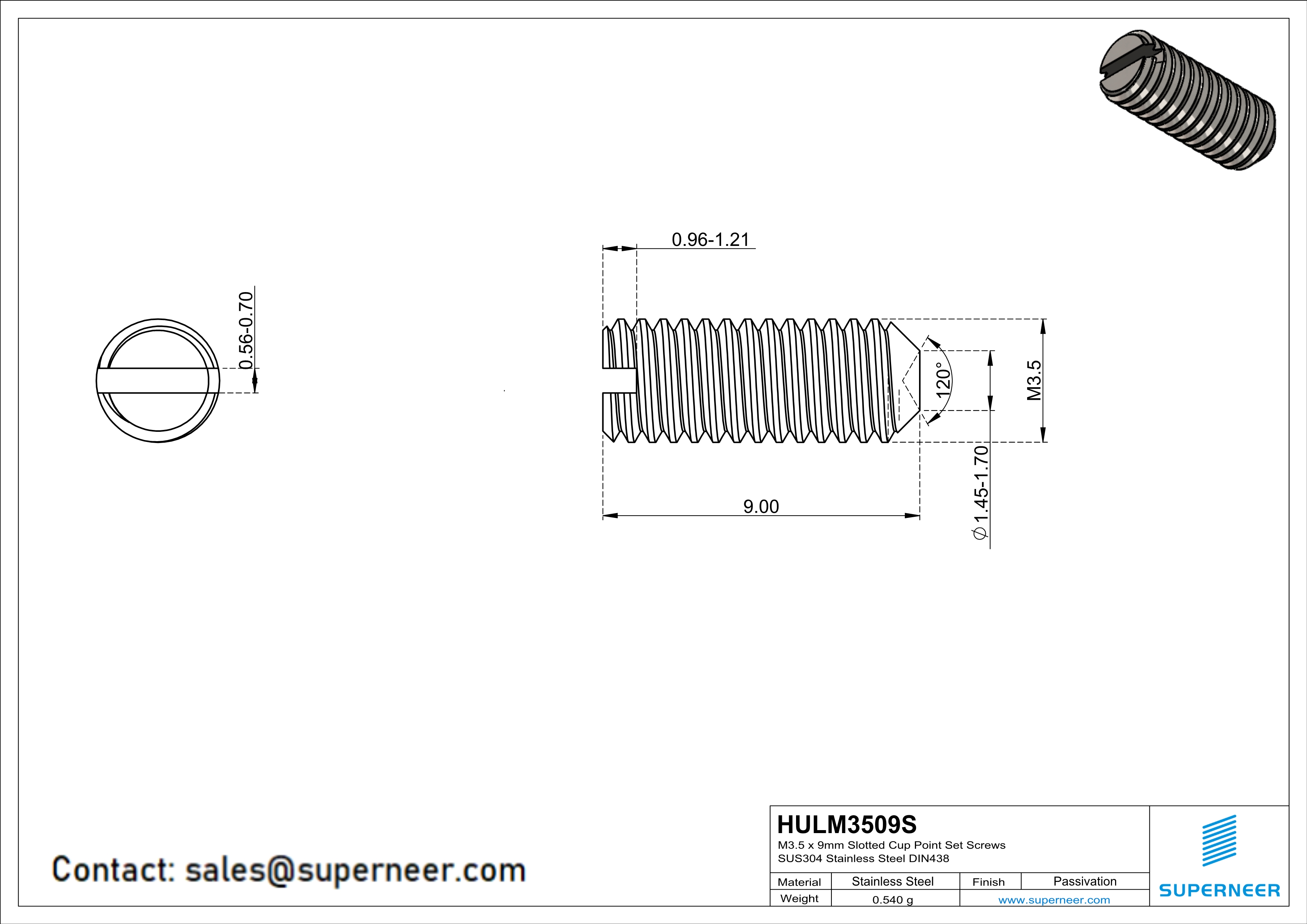 M3.5 x 9mm Slotted Cup Point Set Screws SUS304 Stainless Steel Inox DIN438