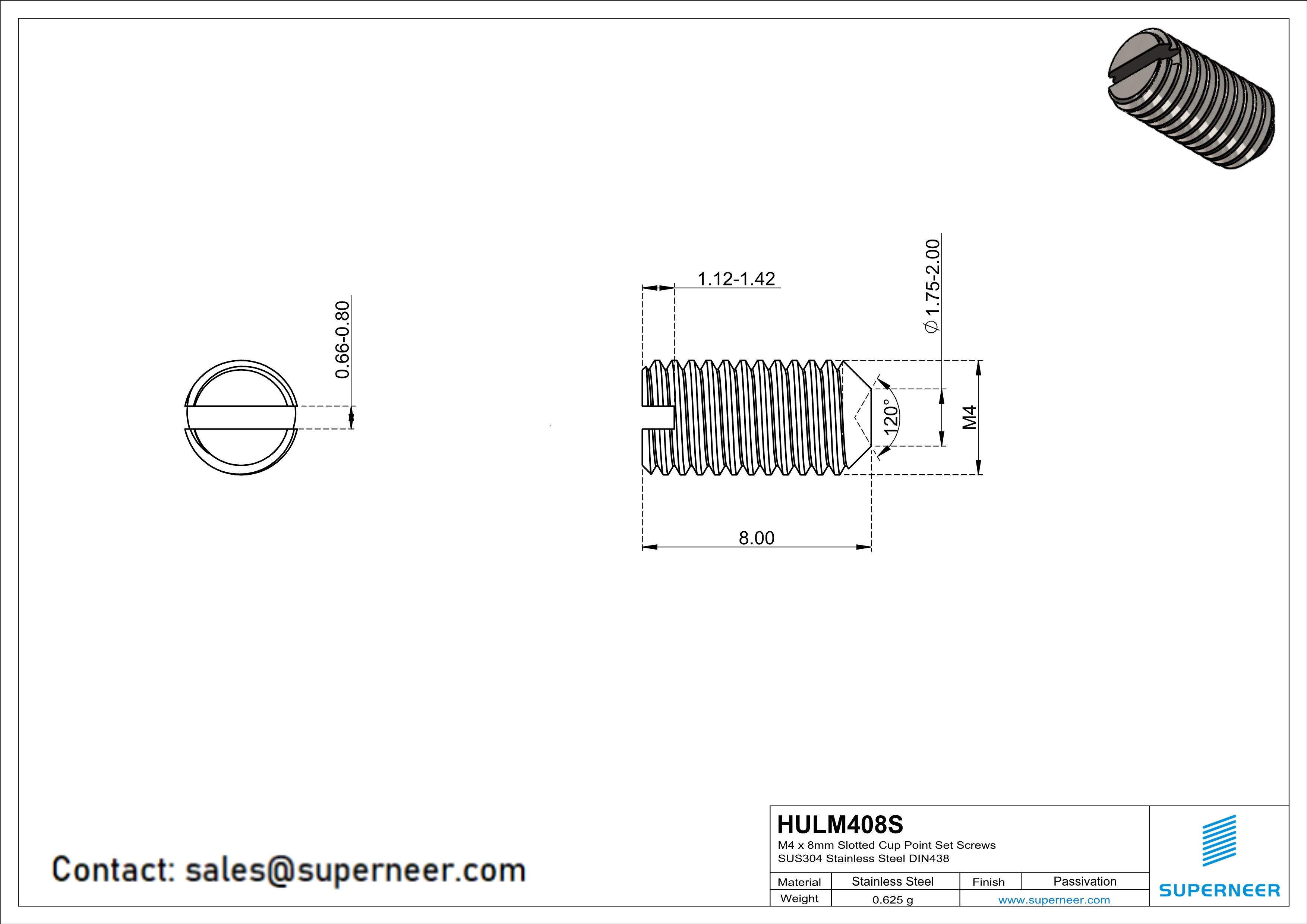 M4 x 8mm Slotted Cup Point Set Screws SUS304 Stainless Steel Inox DIN438