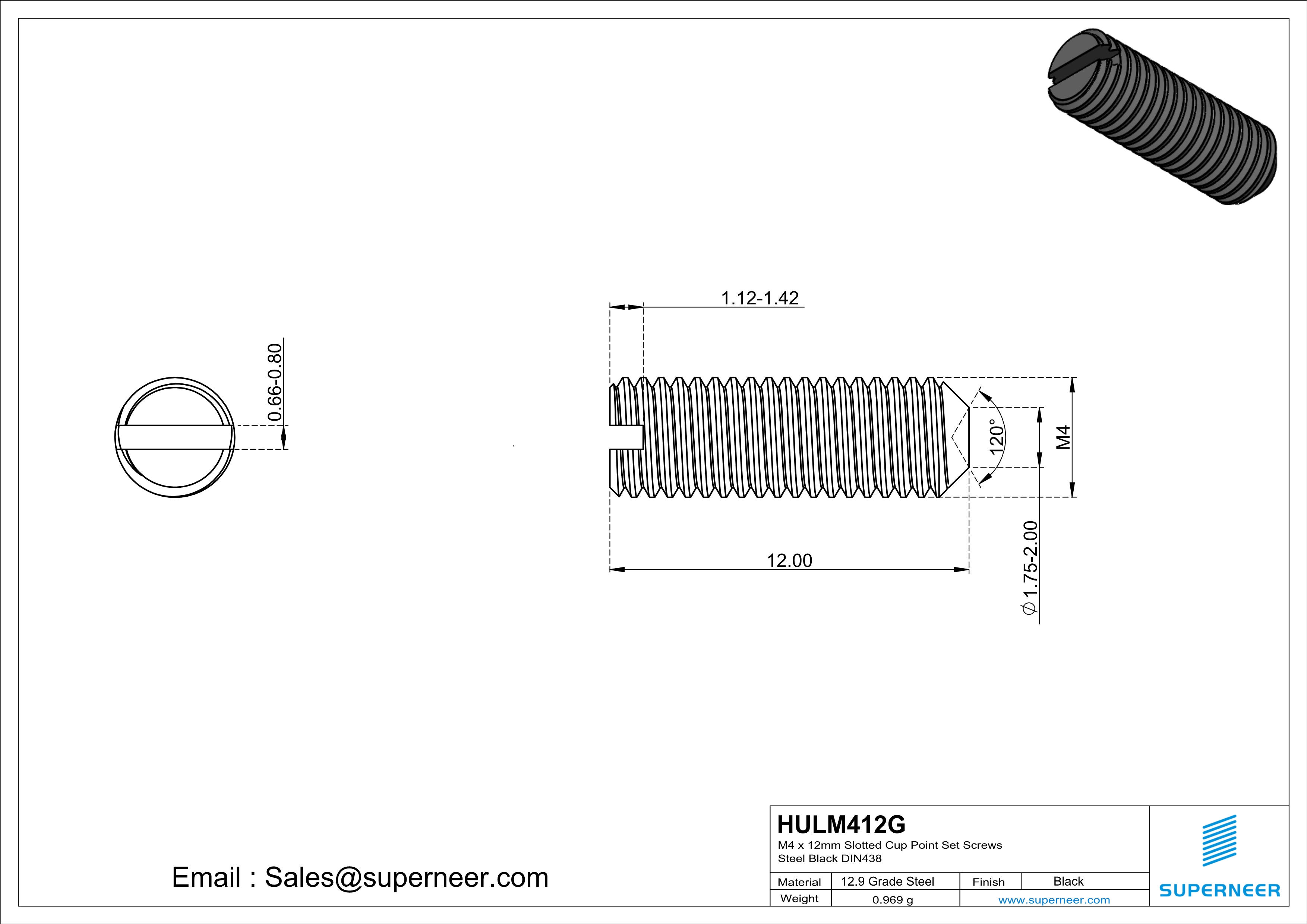 M4 x 12mm Slotted Cup Point Set Screws 12.9 Carbon Steel Black DIN438