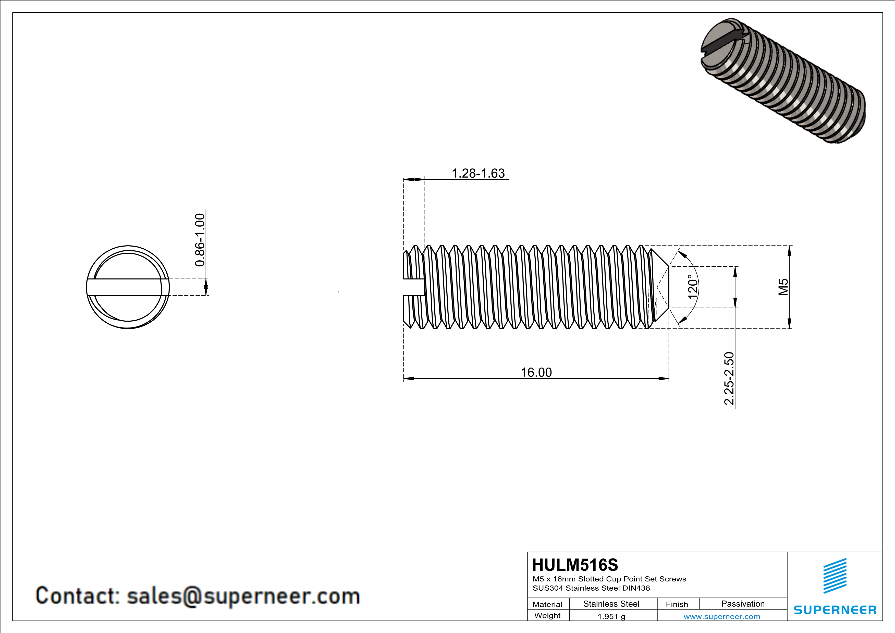 M5 x 16mm Slotted Cup Point Set Screws SUS304 Stainless Steel Inox DIN438