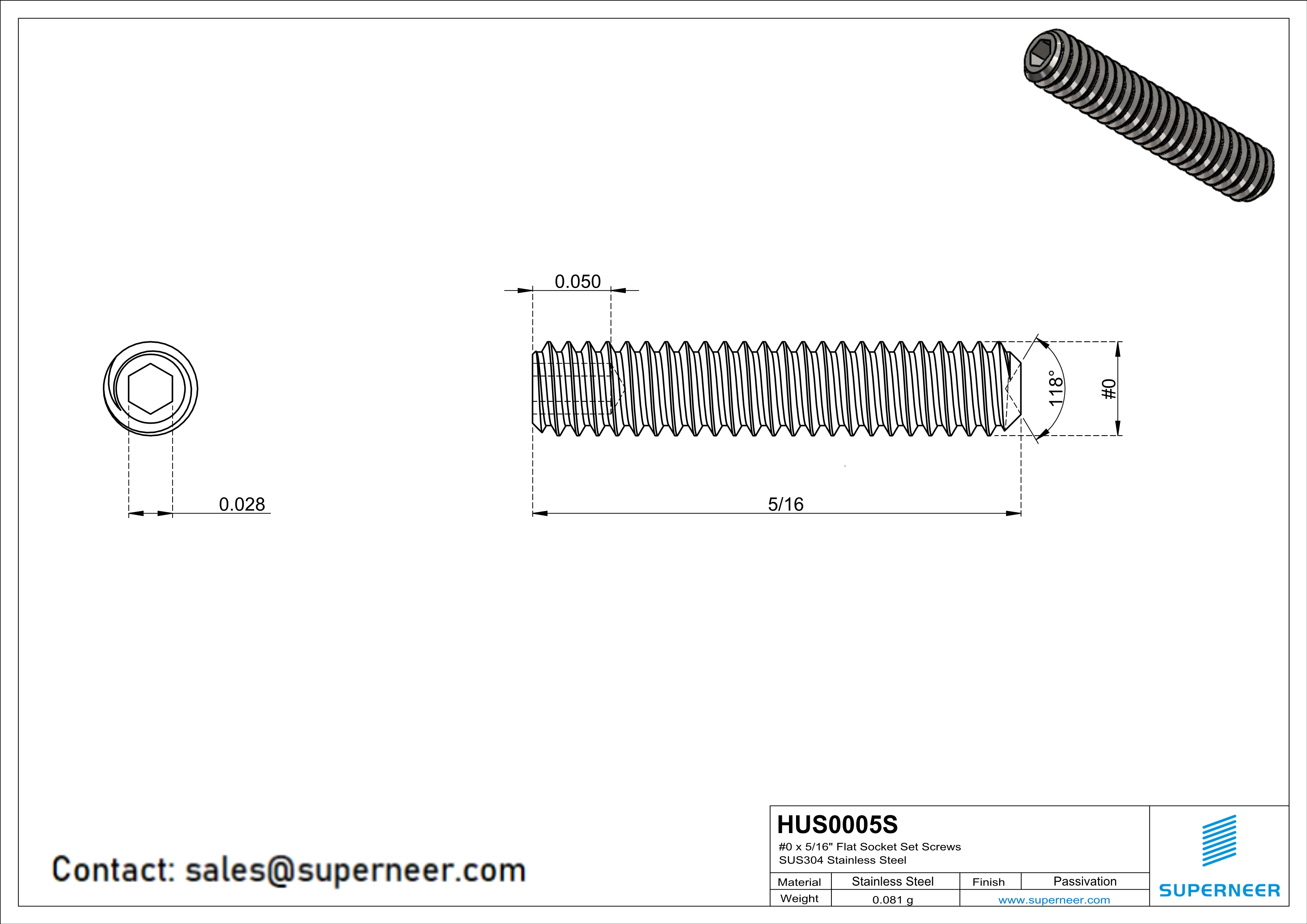 0 x 5/16" Socket Cup Point Set Screws SUS304 Stainless Steel Inox Inch